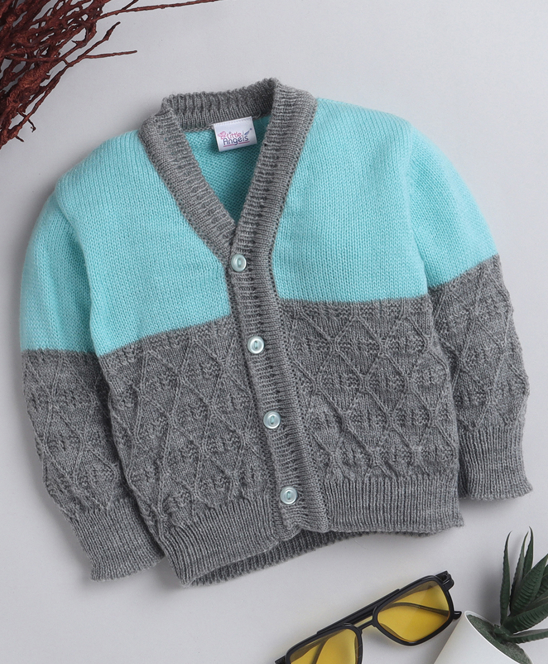 Little Angels Woollen Knit Full Sleeves Colour Blocked Cardigan - Grey & Green-image-38