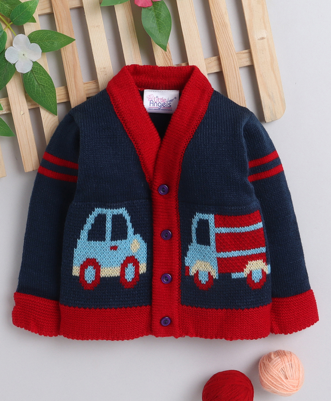 Little Angels Woollen Knit Full Sleeves Vehicles Designed Cardigan - Navy Blue-picture-14
