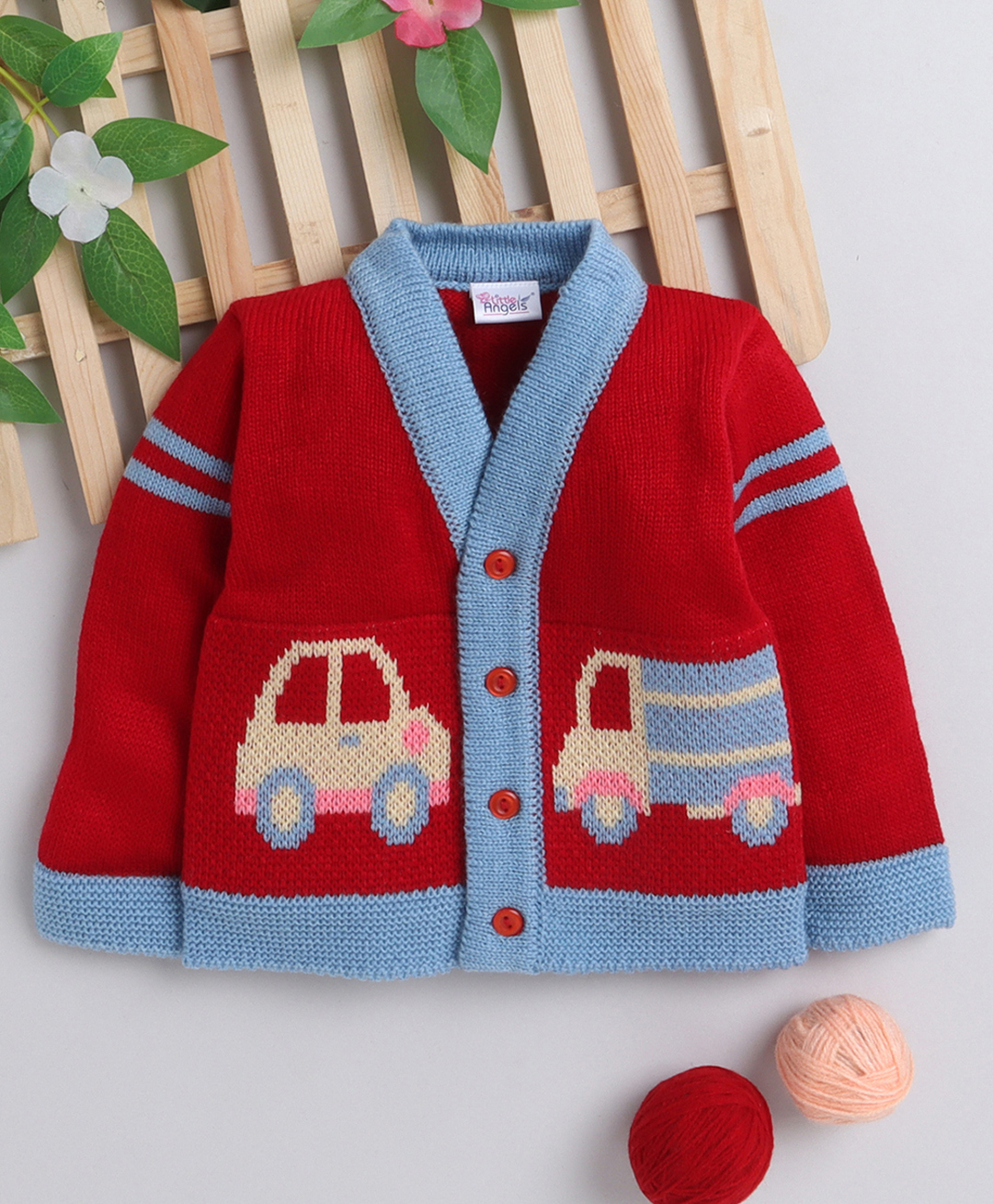 Little Angels Woollen Knit Full Sleeves Vehicles Designed Cardigan - Red-picture-10