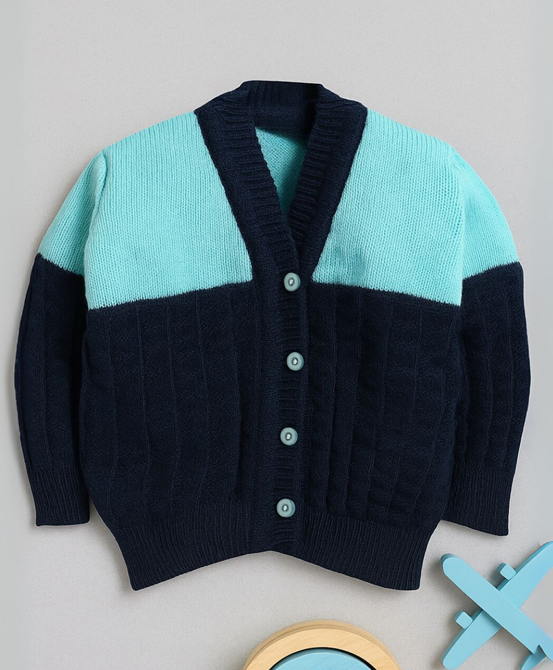 Little Angels Woollen Knit Full Sleeves Colour Blocked Cardigan - Navy Blue & Green-image-47