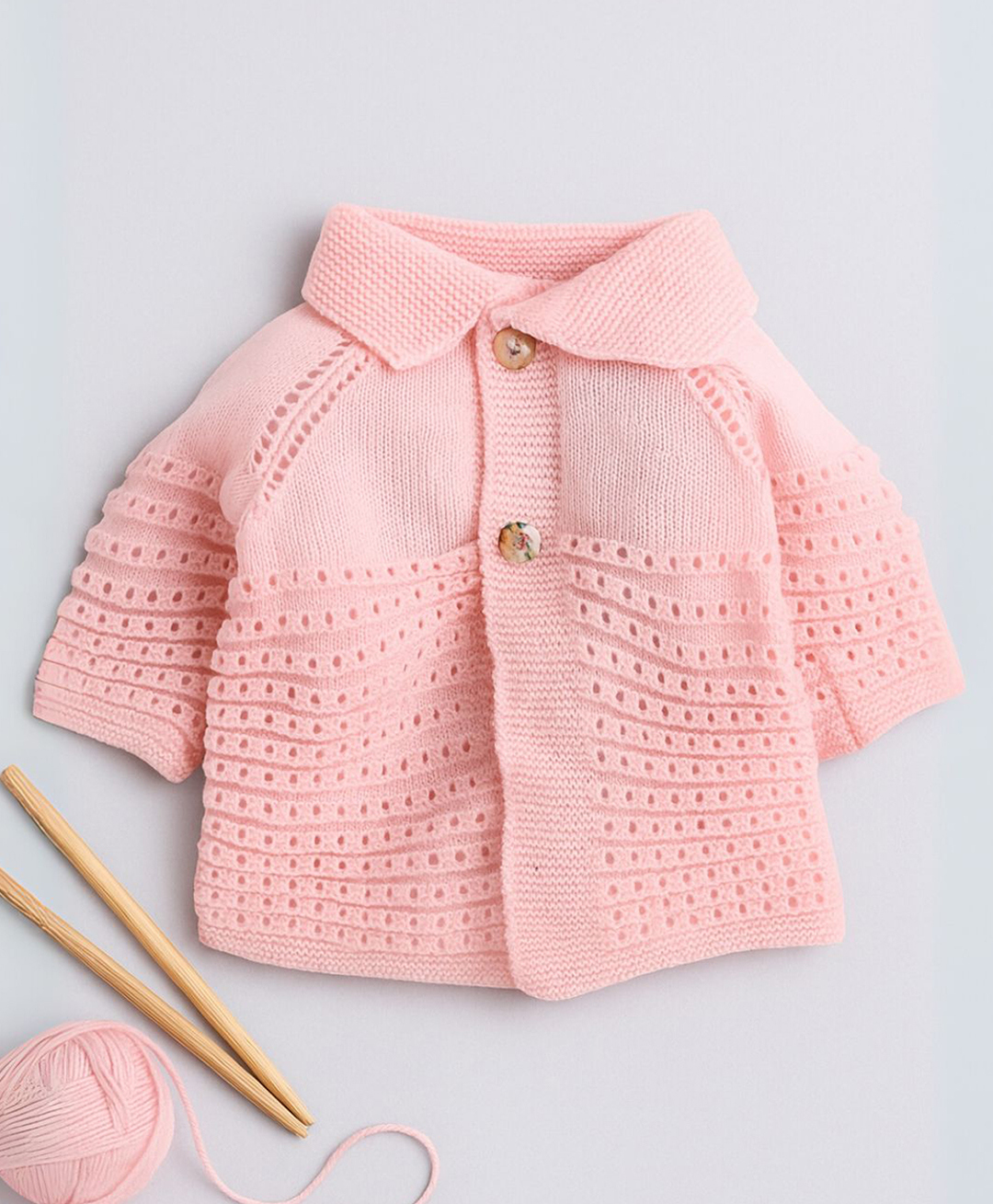 Little Angels Woollen Knit Full Sleeves Self Designed Collared Cardigan - Pink-image-5