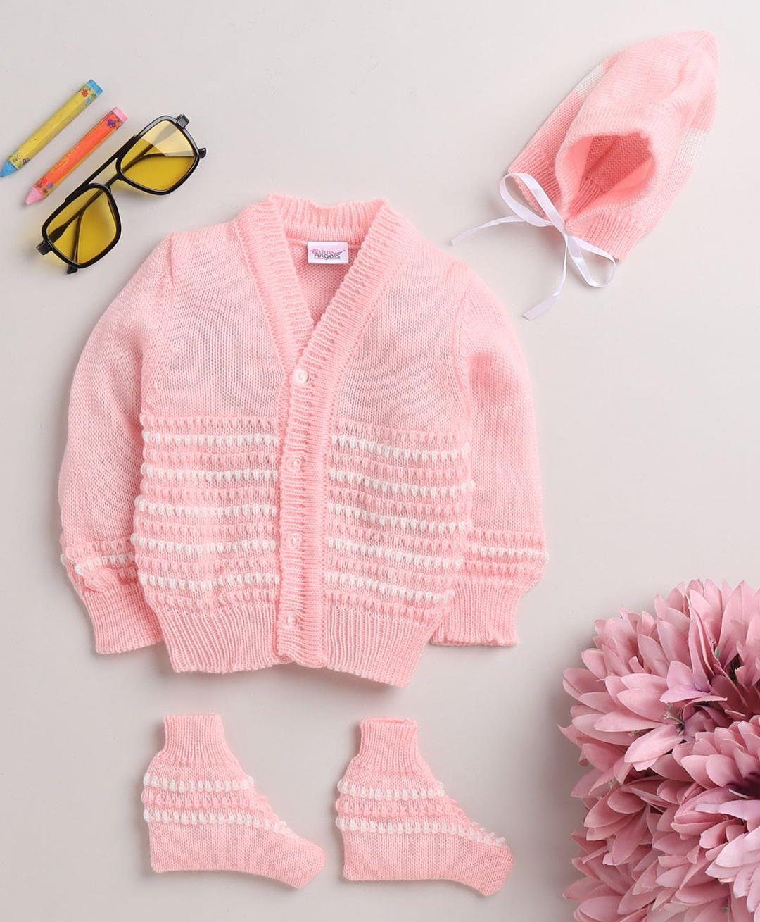 Little Angels Woollen Knit Full Sleeves Self Designed Cardigan With Cap & Socks - Pink-picture-11