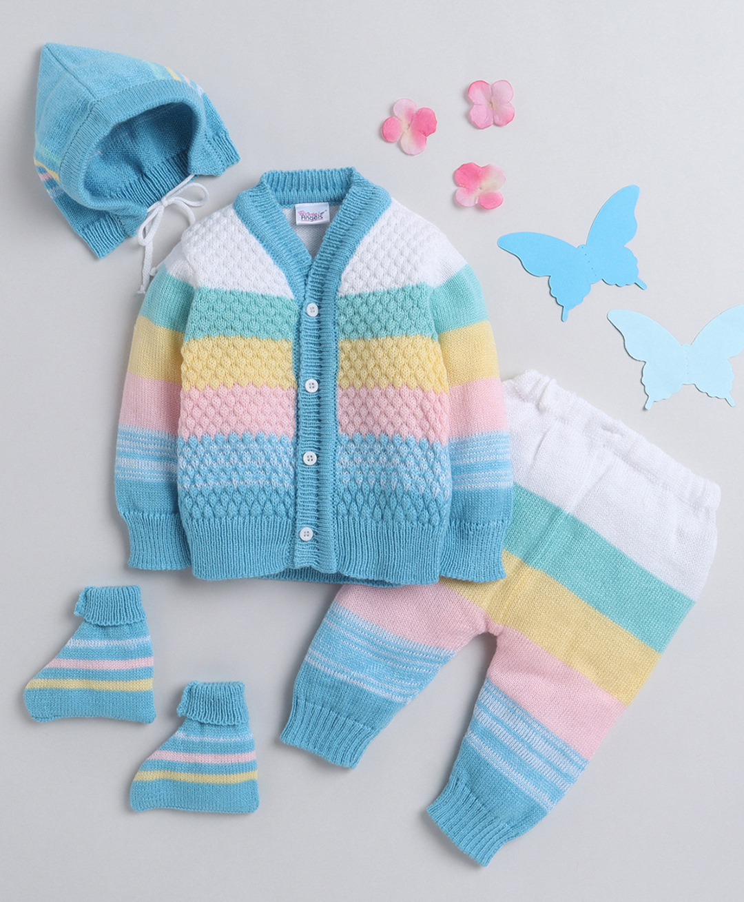 Little Angels Woollen Knit Full Sleeves Colour Blocked Sweater Set With Cap & Socks - Blue & Multi Colour-image-20