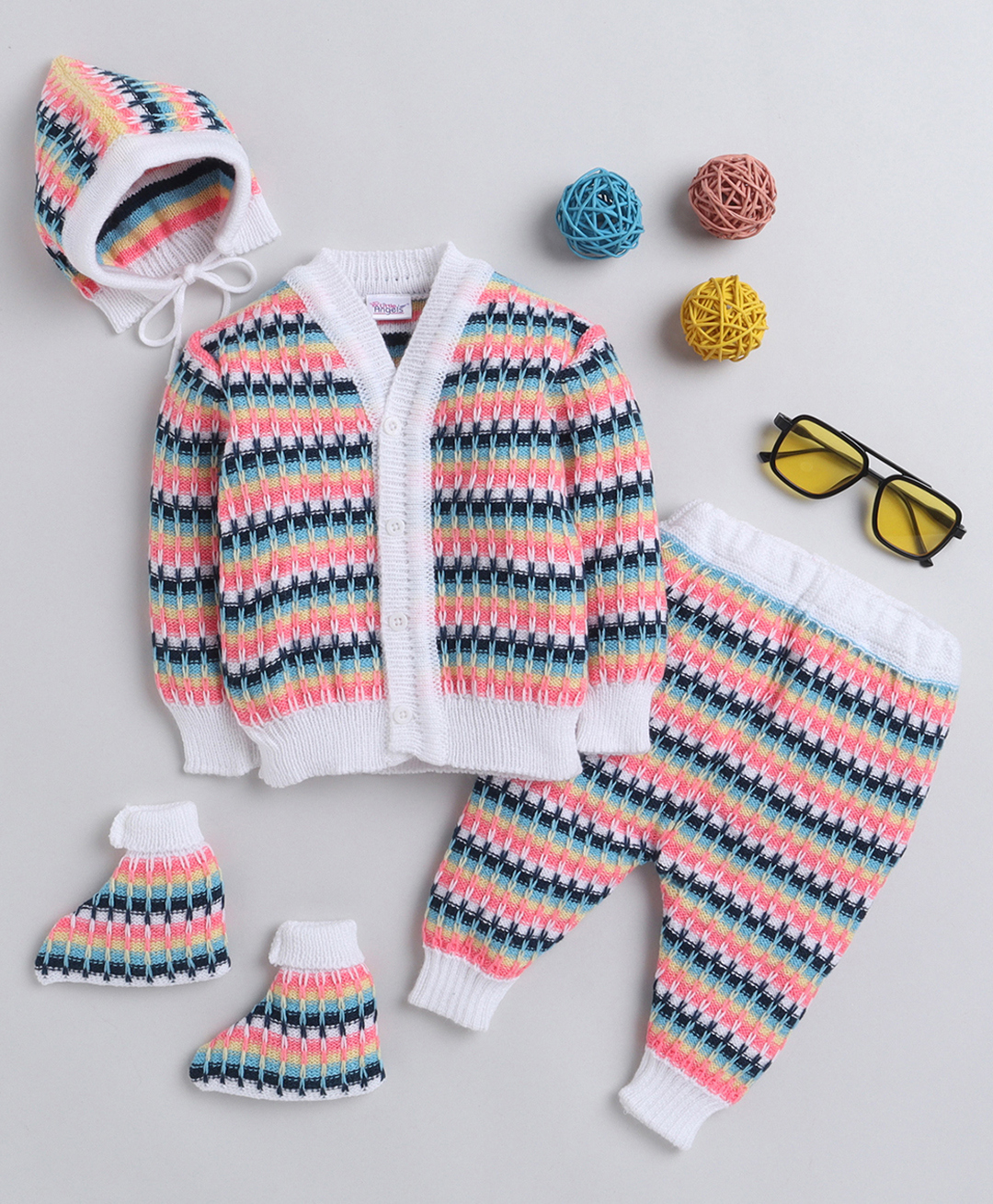 Little Angels Woollen Knit Full Sleeves Striped Sweater Set With Cap & Socks - White & Neon Pink-picture-20