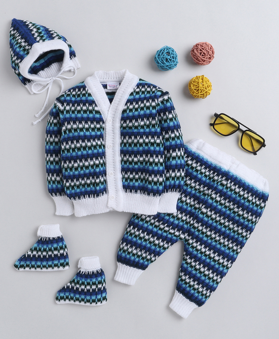 Little Angels Woollen Knit Full Sleeves Striped Sweater Set With Cap & Socks - White & Navy Blue-image-47