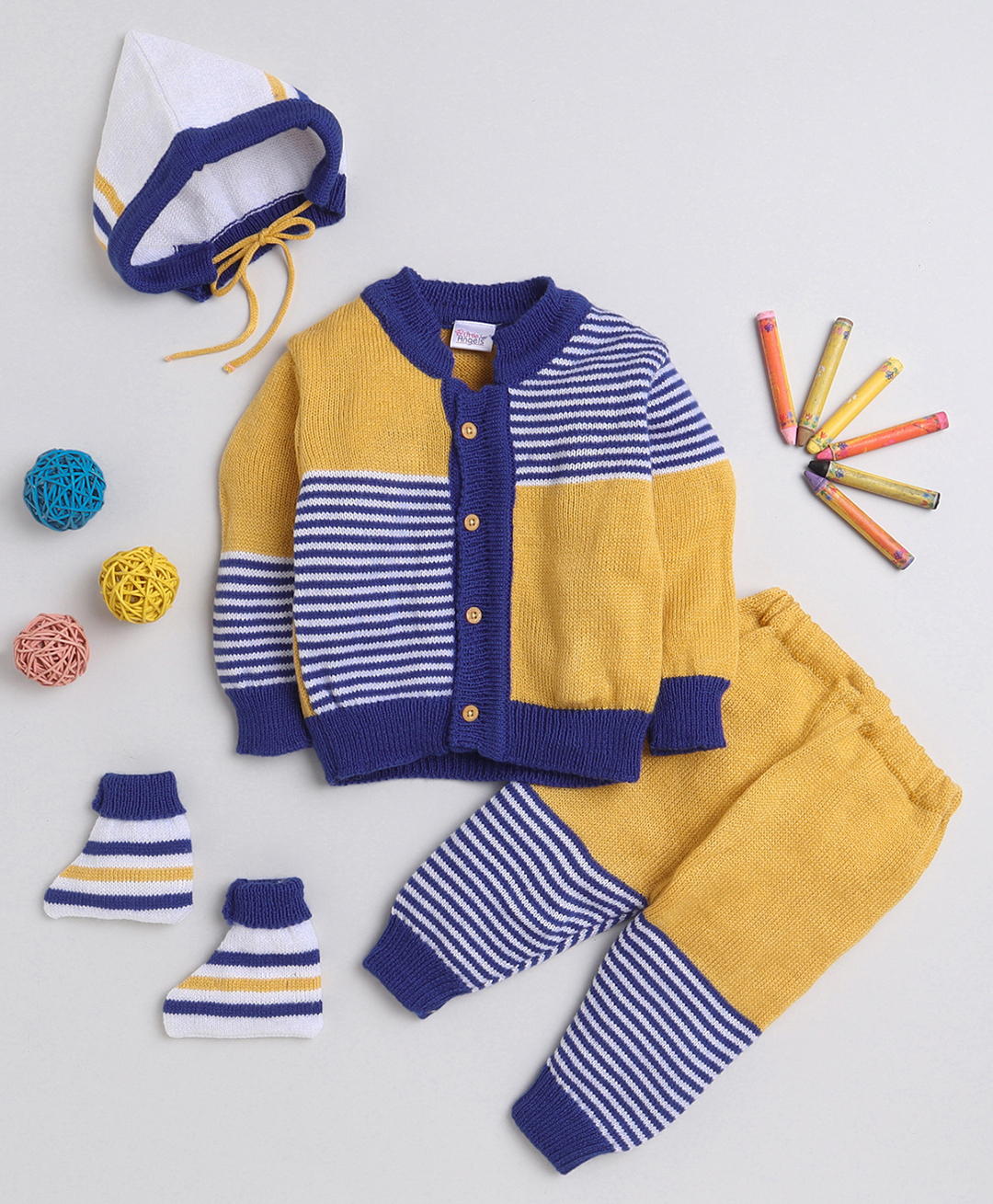 Little Angels Woollen Knit Full Sleeves Striped & Colour Blocked Sweater Set With Cap & Socks - Royal Blue & Mustard-image-15