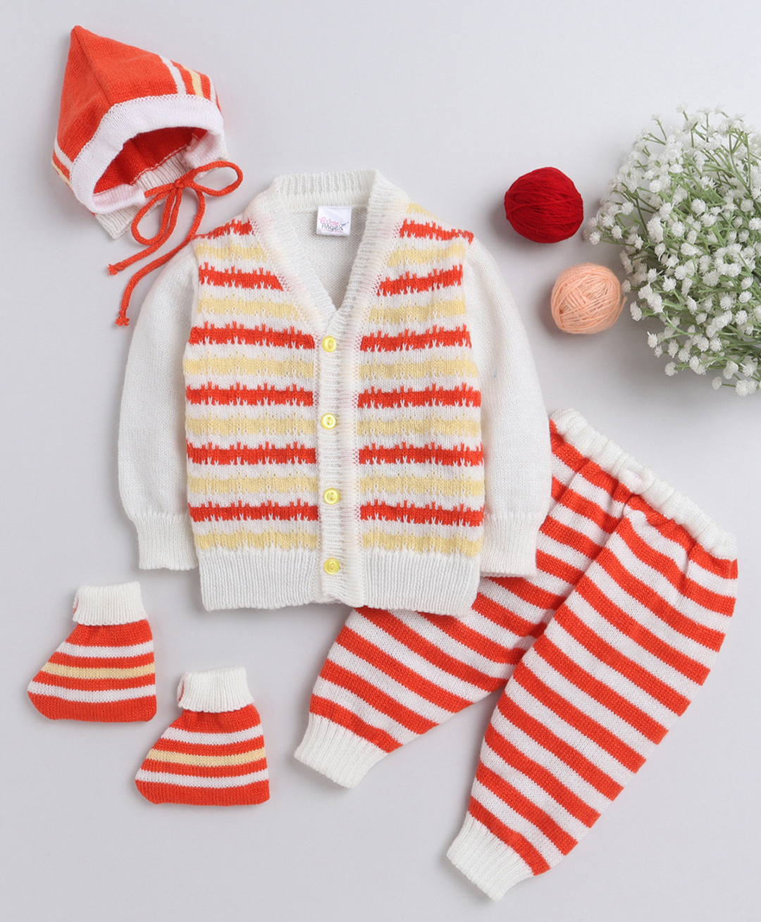 Little Angels Woollen Knit Full Sleeves Striped Sweater Set With Cap & Socks - White & Orange-image-25
