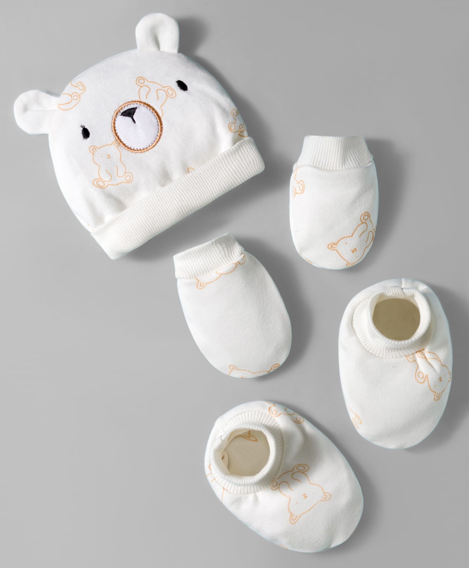 Bonfino Cotton Knit Cap Mittens & Booties Set With Animal Print White - Diameter 11.5 cm-picture-4