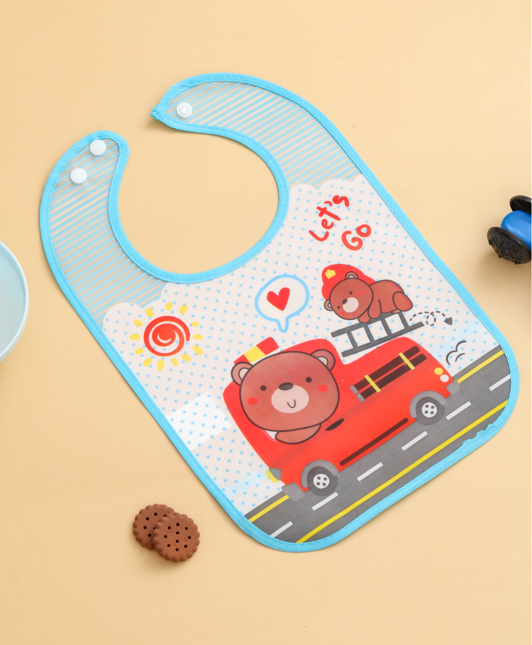Yellow Bee PVC Baby Feeding Bib with Rescue Bears on Fire Engine Print - Blue-image-18