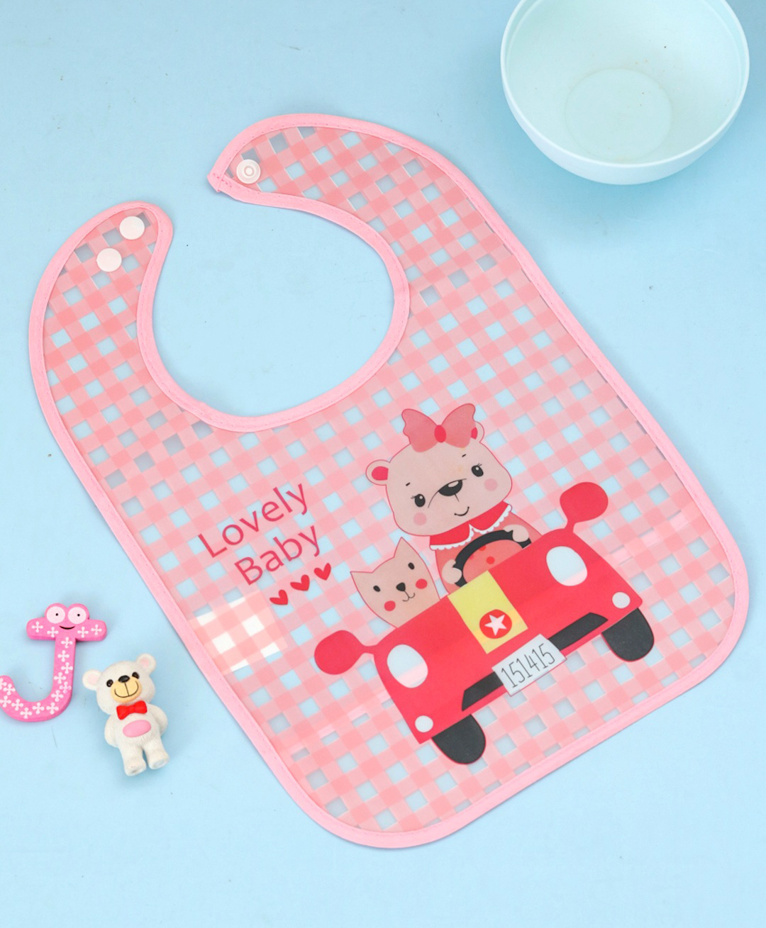 Yellow Bee PVC Baby Feeding Bib with Check Pattern with Lovely Baby Car Theme - Pink-image-40