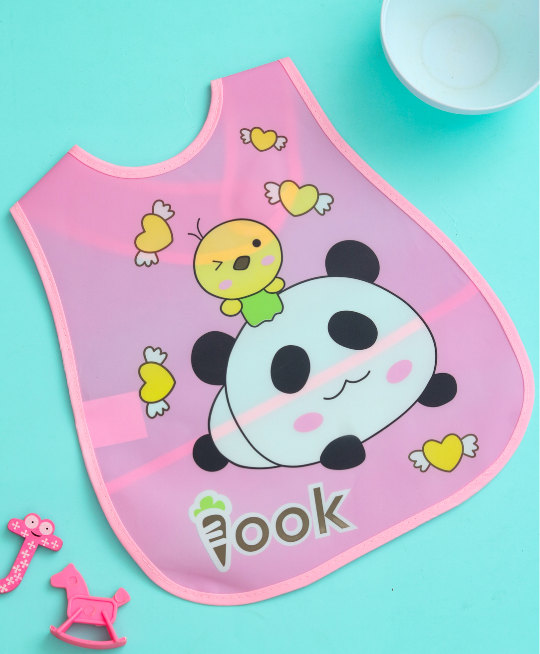 Yellow Bee PVC Baby Feeding Bib with Panda & Chick Duo with Floating Hearts design - Pink-picture-34