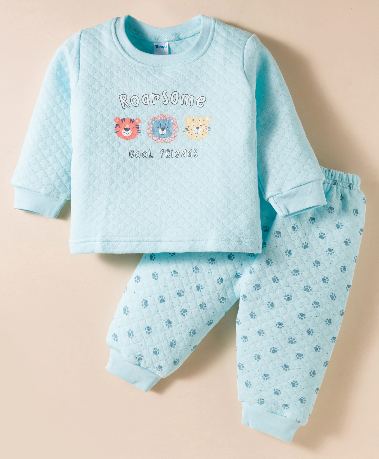 Tango Knit Full Sleeves Night Suit With Animal Print - Aqua-image-26