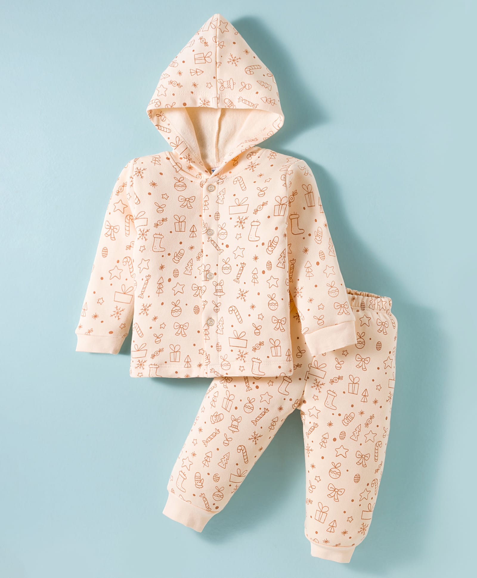 Tango Fleece Knit Full Sleeves Hooded Winter Wear Night Suit With Bow Print - Cream