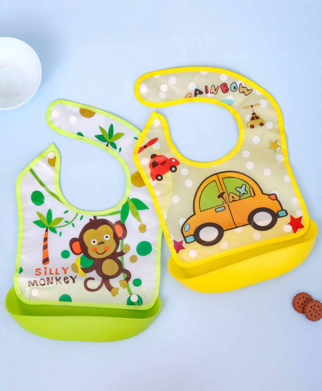 Yellow Bee PVC Bib Combo of Playful Monkey & cute Taxi Print with detachable tray - Green & Yellow-image-37