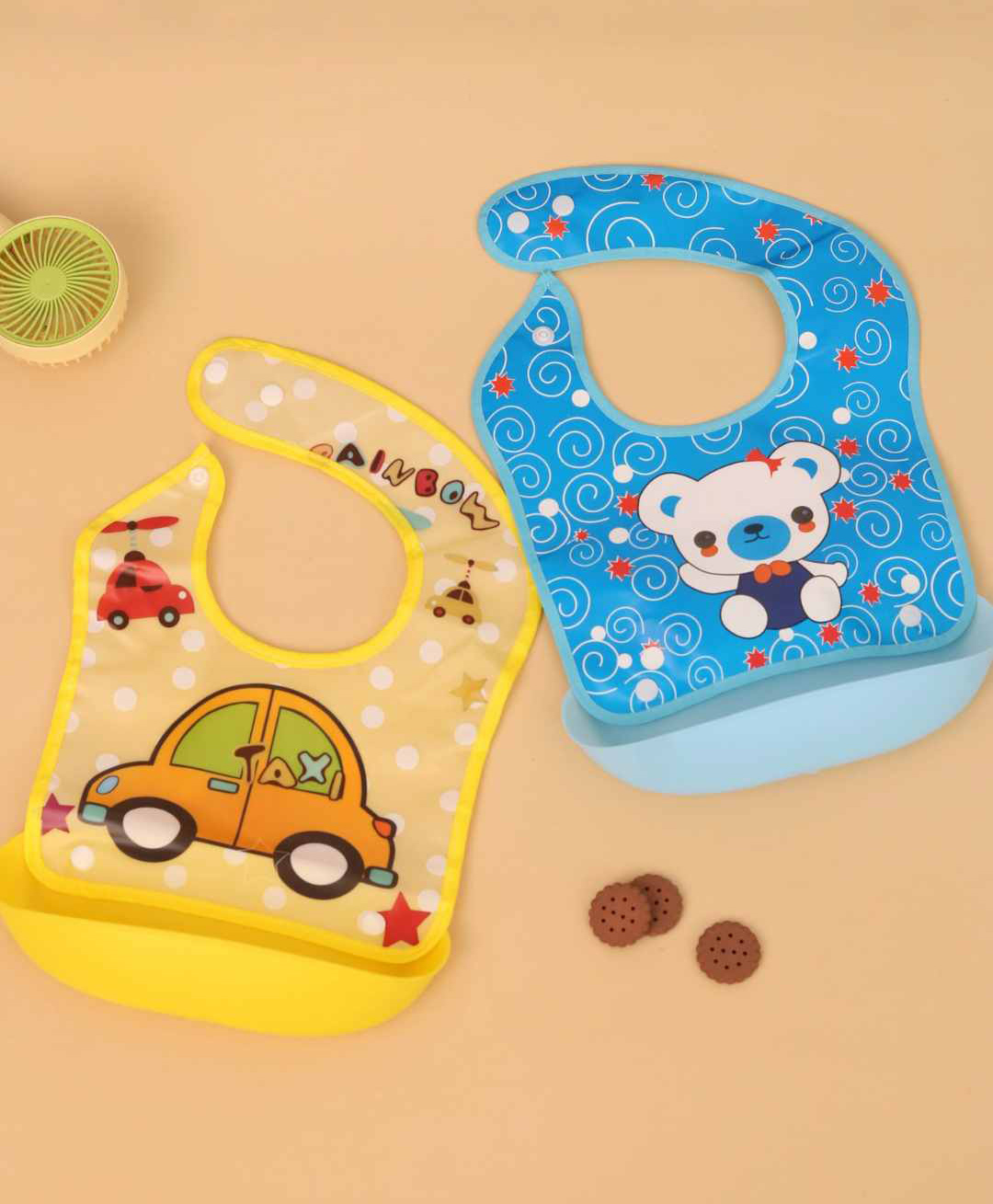 Yellow Bee PVC Bib Combo of Cute Taxi & Snow Bear Print with detachable tray - Set of 2 for Boys, Yellow & Blue-image-46