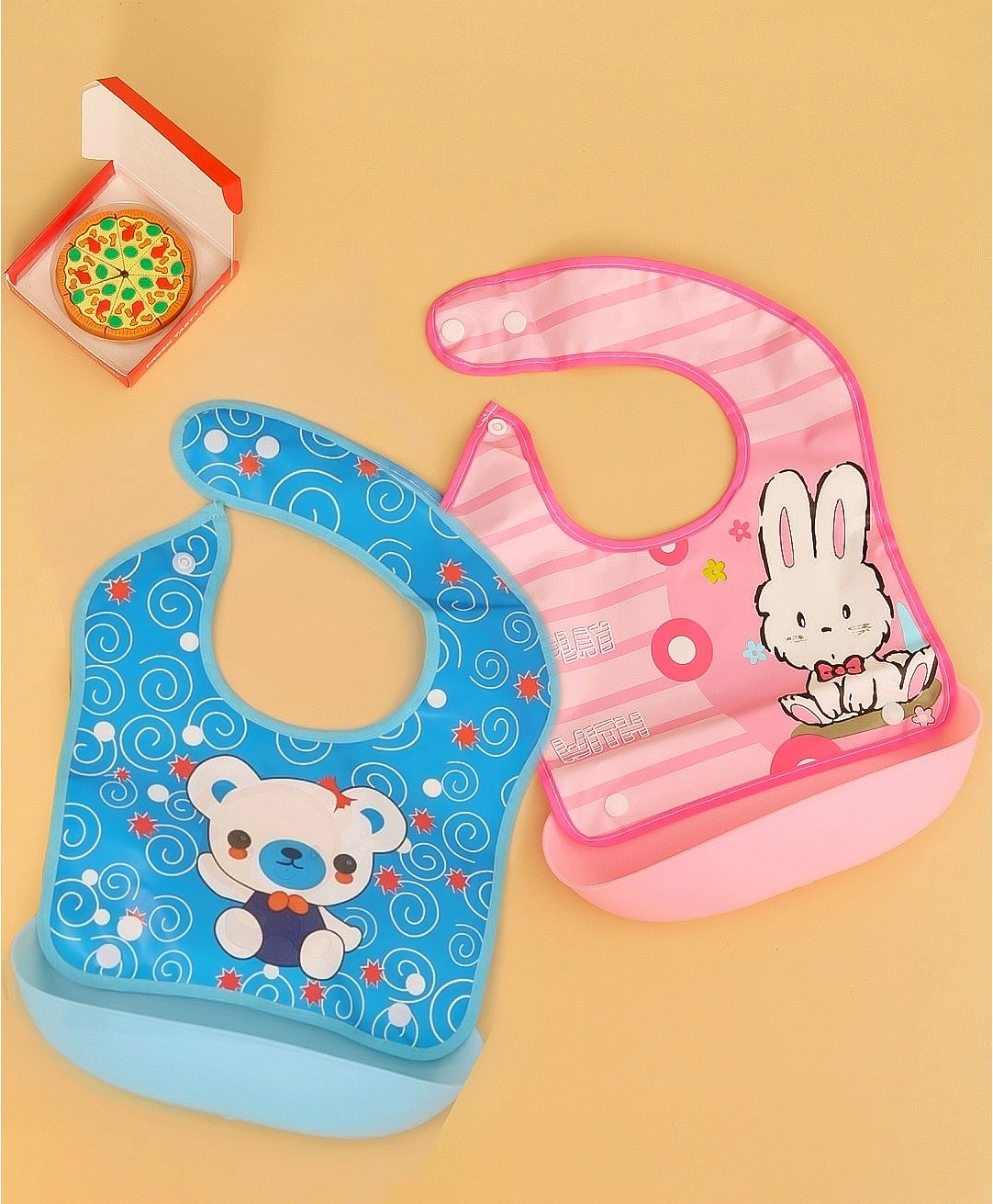 Yellow Bee PVC Bib Combo of Bear & Bunny Love Print with detachable tray - Set of 2 for Kids, Yellow & Blue-image-3