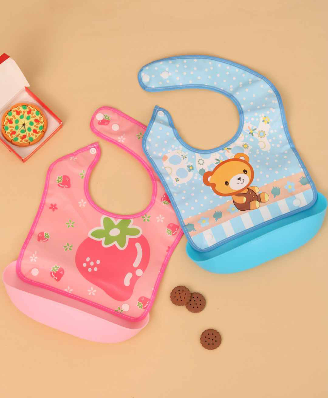 Yellow Bee PVC Bib Combo of Sweet Bear & Strawberry Print with detachable tray - Pink & Blue-image-2