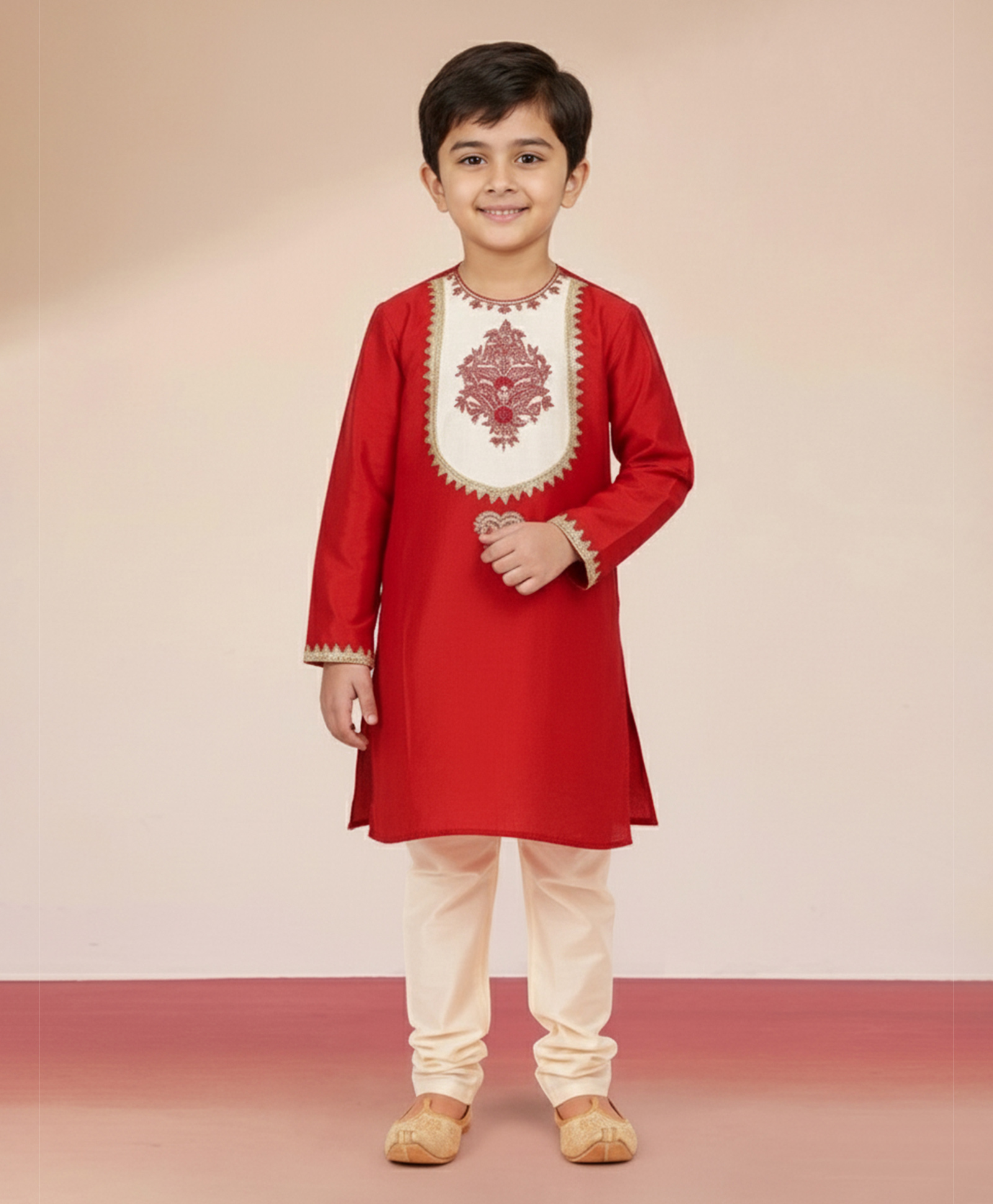 Vastramay Viscose Woven Full Sleeves Floral Paisley Embroidered & Gota Lace Embellished Kurta Pyjama Set - Red-image-26