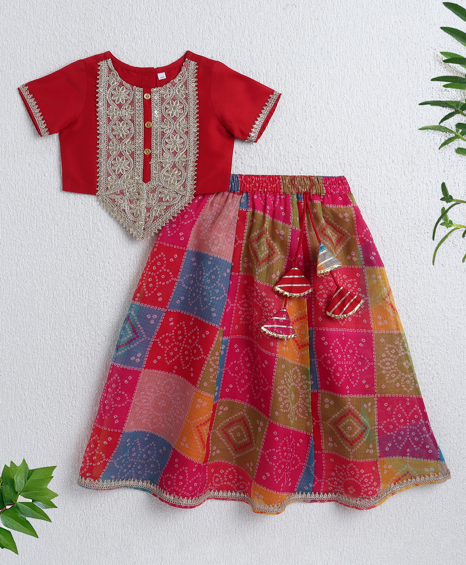 The Magic Wand Woven Half Sleeves Floral Lace Embellished Choli & Bandhani Printed Lehenga Set - Red-image-40