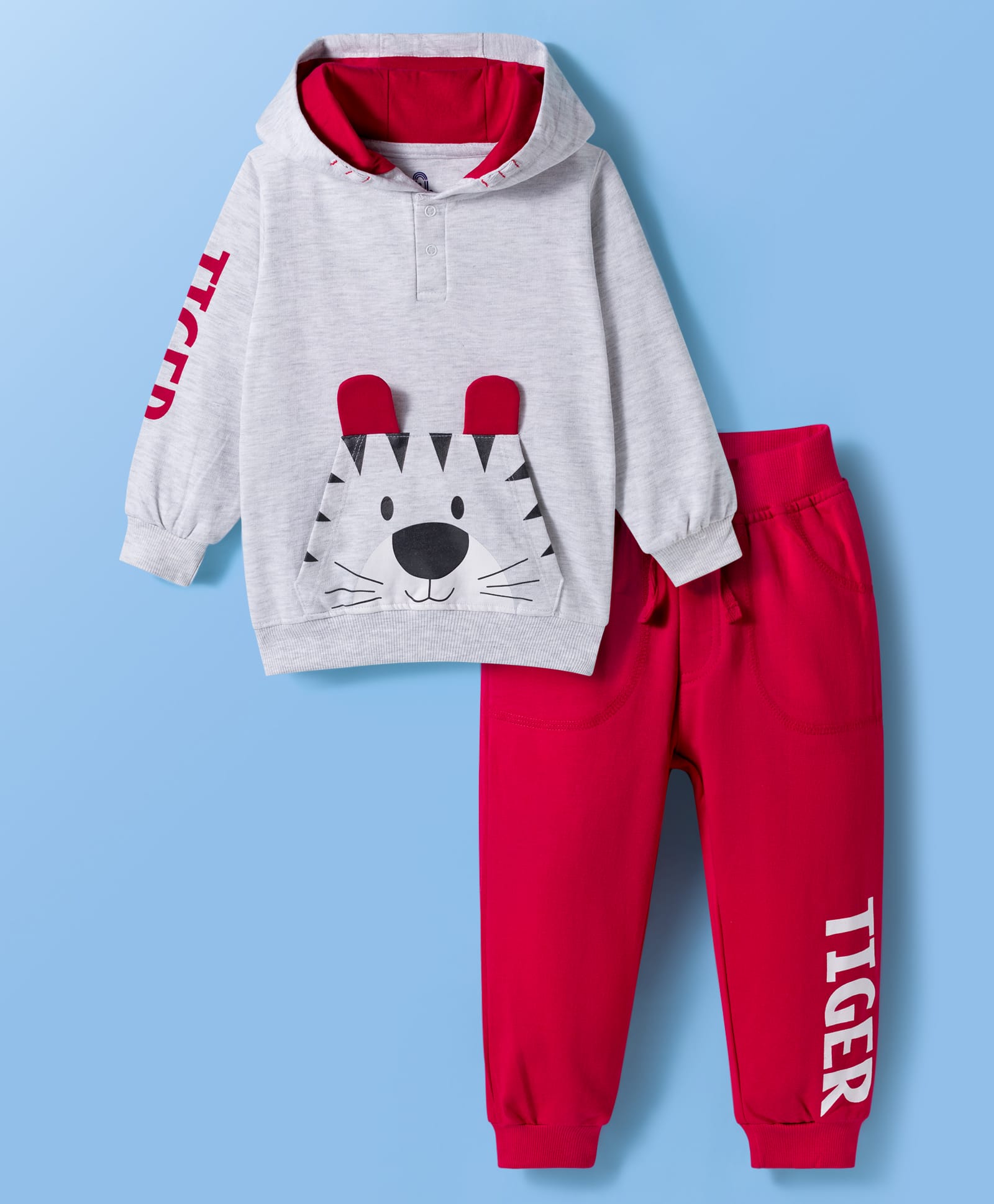 Doodle Poodle 100% Cotton Light Weight Looper Terry Knit Full Sleeves Hooded Winter Wear Set with Tiger Print & Applique - Red & Grey-picture-26