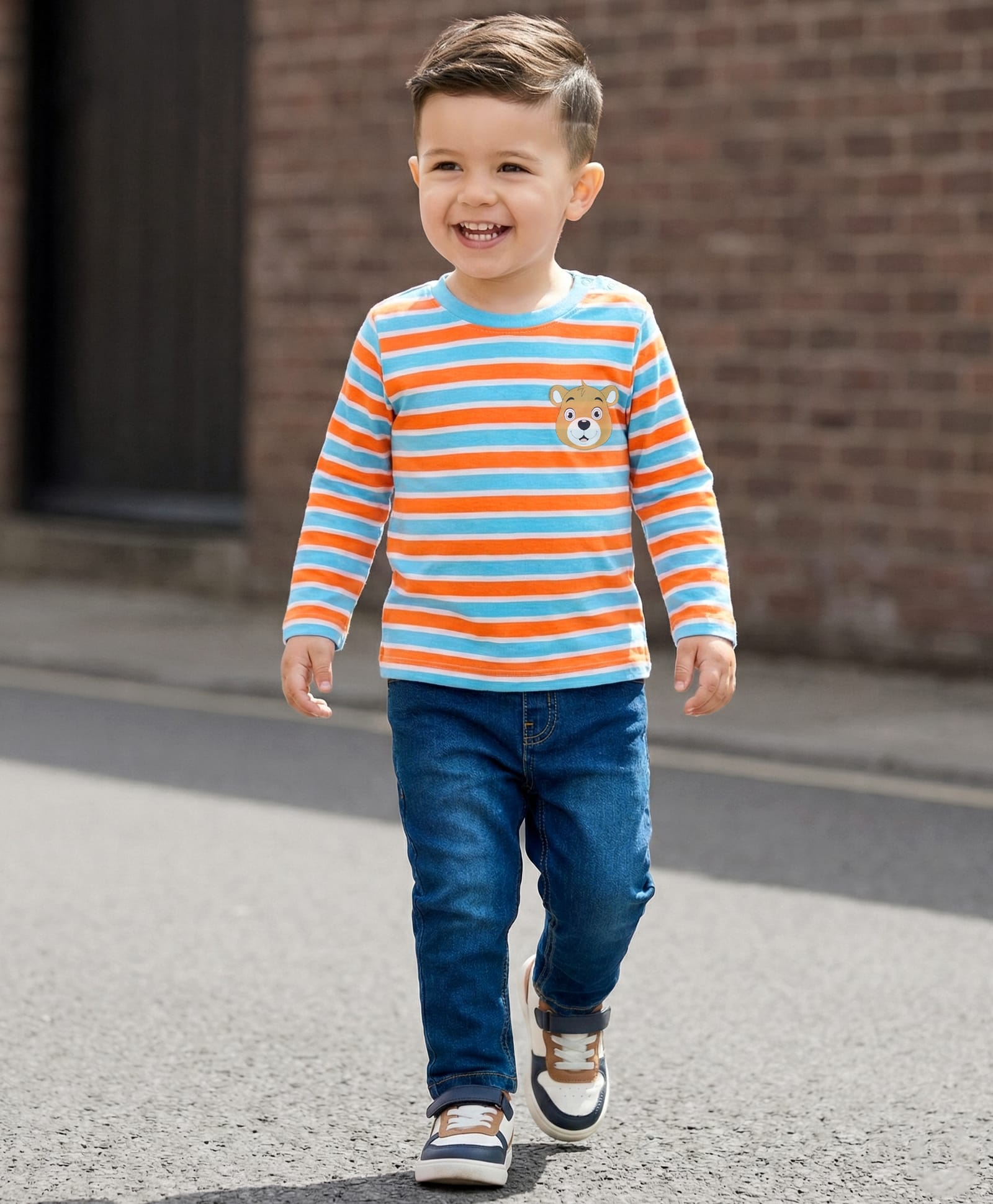 Babyhug Single Jersey Knit Full Sleeves Striped T-Shirt & Denim Jeans Set With Bear Print - Multicolor-picture-37