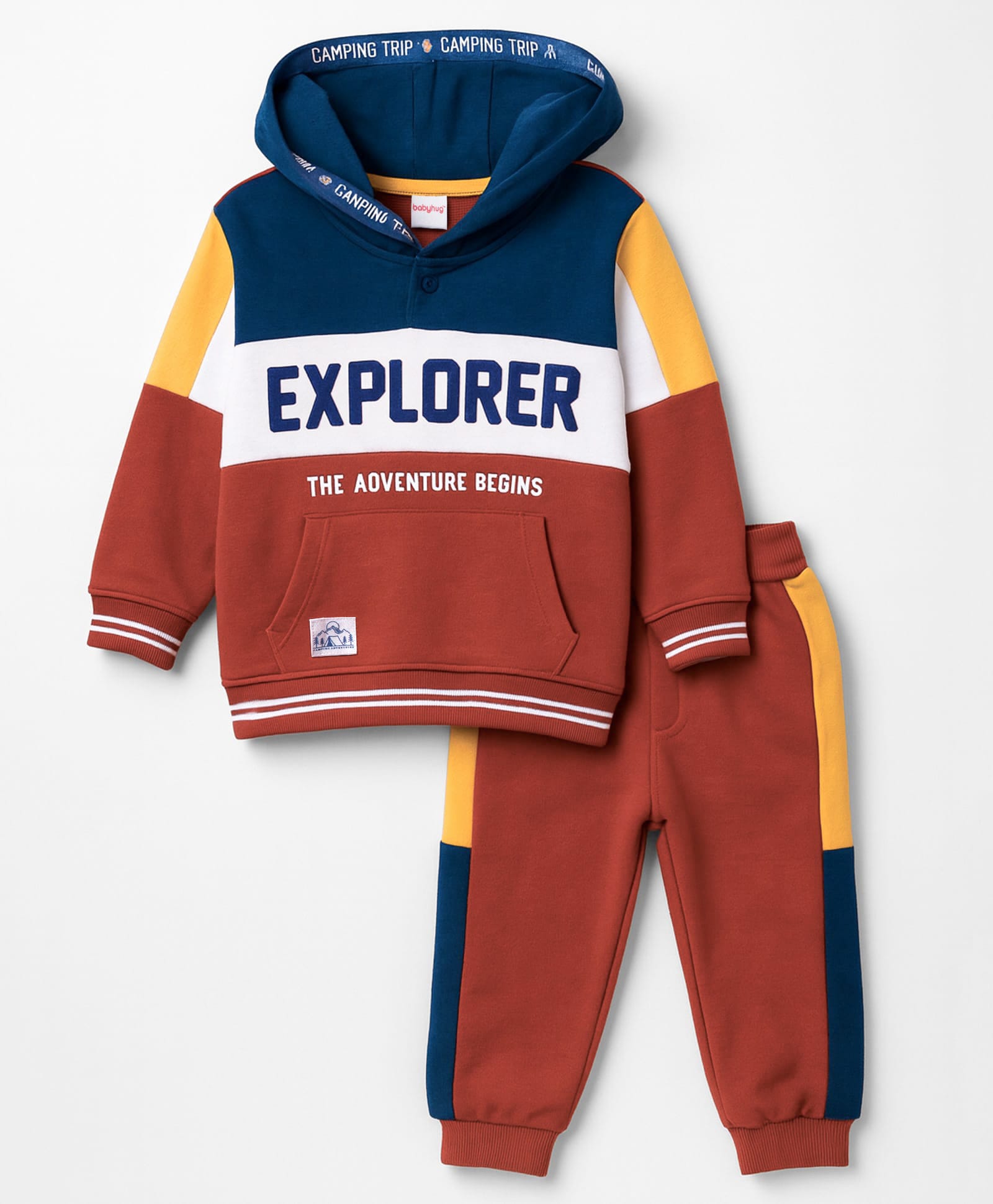 Babyhug Terry Knit Full Sleeves Hooded Cut & Sew T-Shirt & Lounge Pant Set with Text Print - Multicolor-image-8