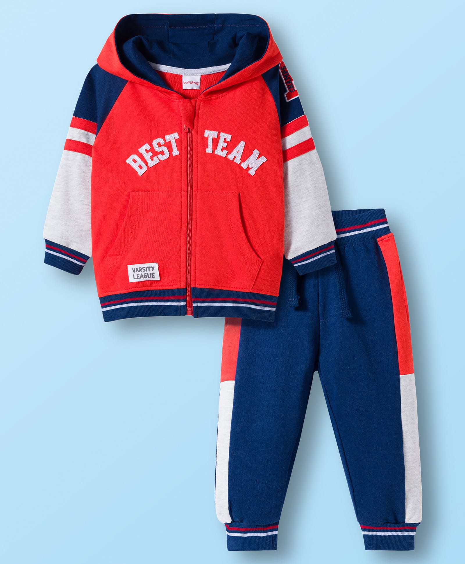 Babyhug Terry Knit Full Raglan Sleeves Hooded Cut & Sew T-Shirt & Lounge Pant Set with Text Patch Detailing - Multicolor-picture-17