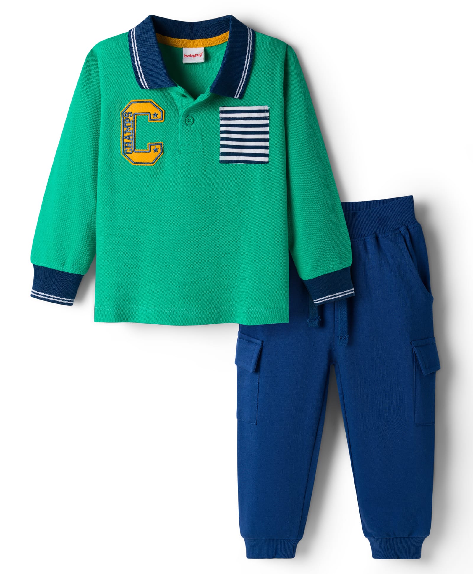 Babyhug Single Jersey Knit Full Sleeves T-Shirt & Lounge Pant Set Alphabet Patch & Striped Front Pocket - Green & Navy Blue-picture-15