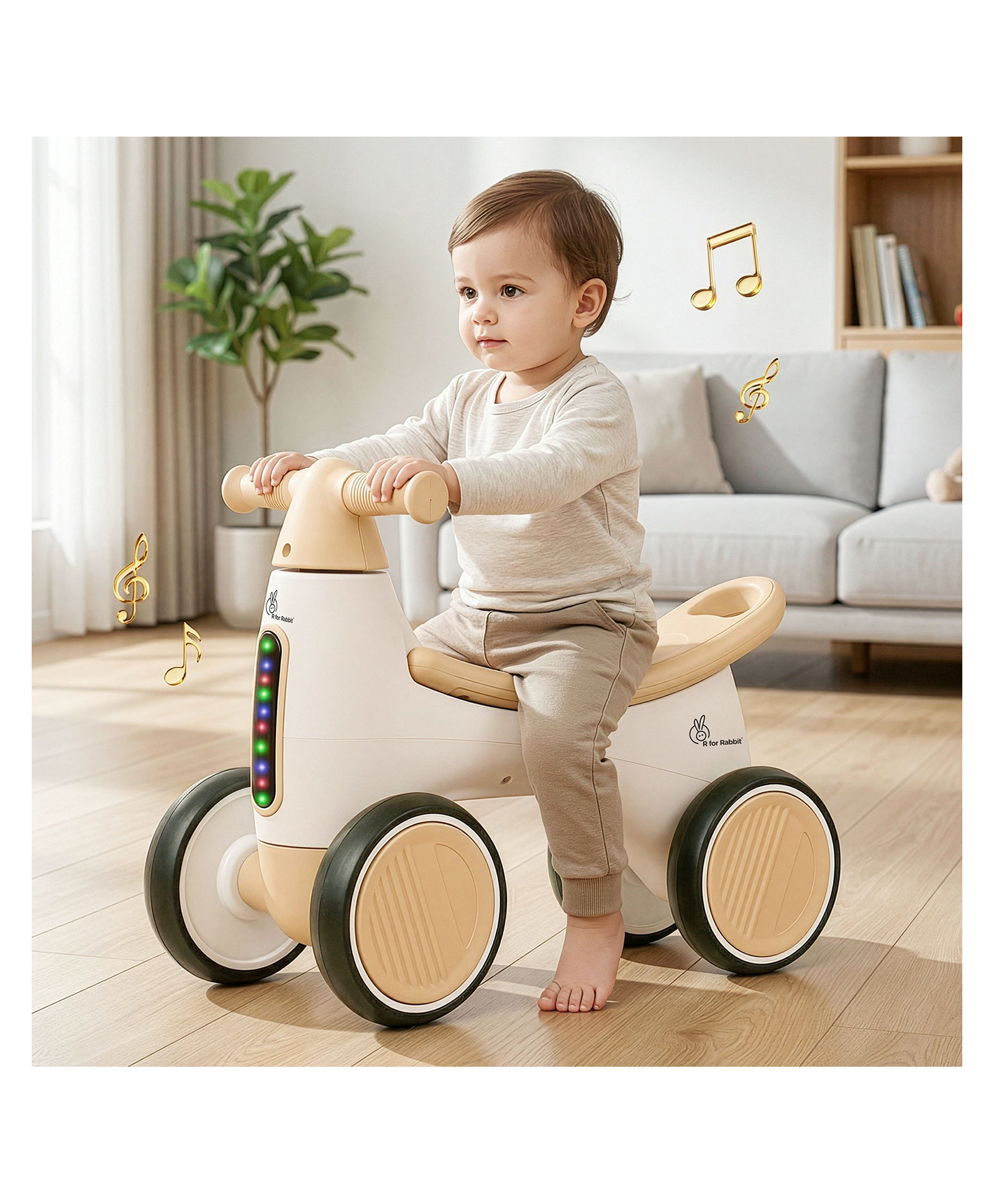 R for Rabbit Speedster Glider Push Ride on Car with Music and LED Lights Scratch-Free Wheels Storage Space - Beige