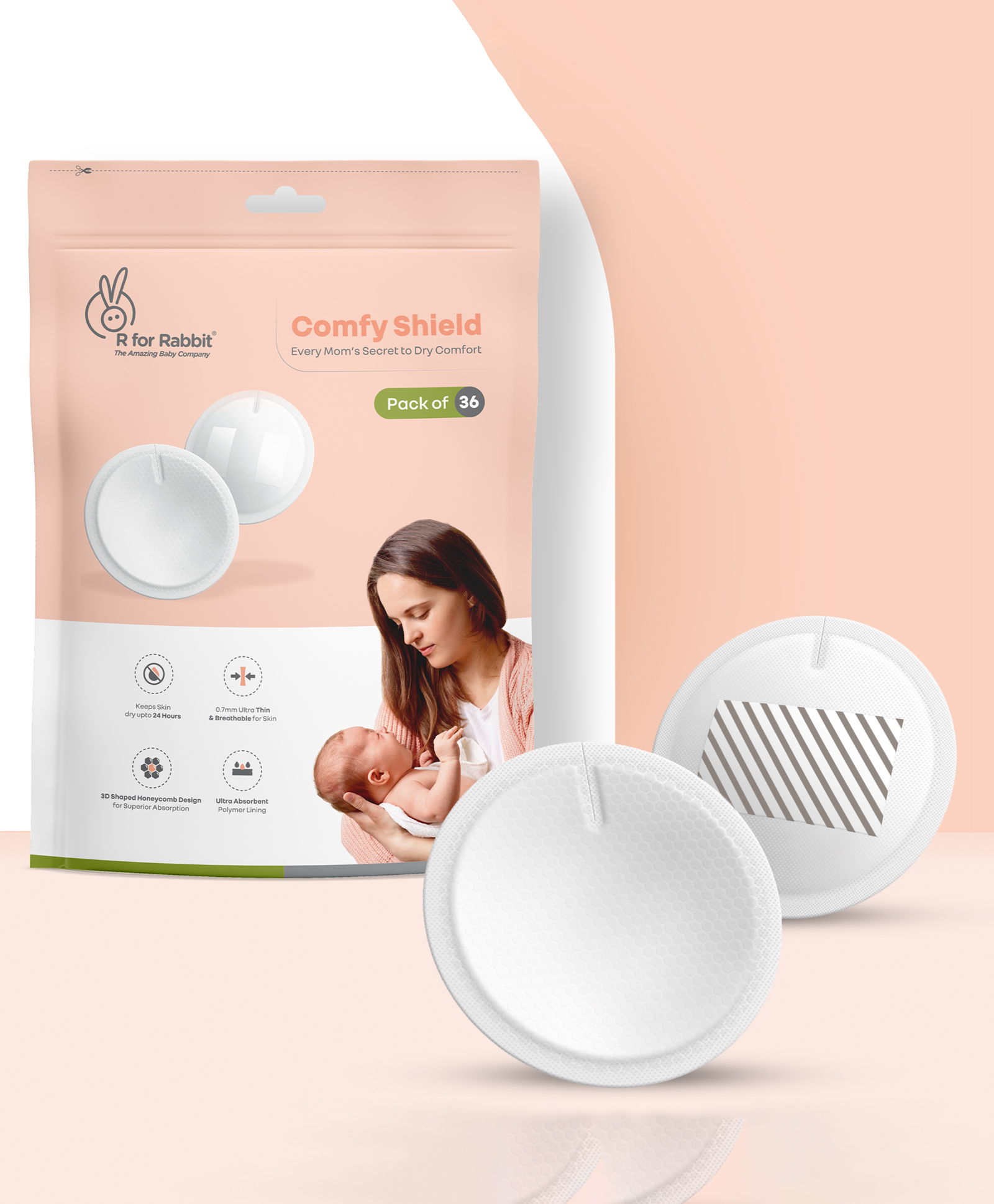 R for Rabbit Comfy Shield Disposable Nursing Breast Pads | 24-Hour Leak Protection | 3D Honeycomb Design | Strong Adhesive | Skin-Friendly Material | Pack of 36 - White-image-2