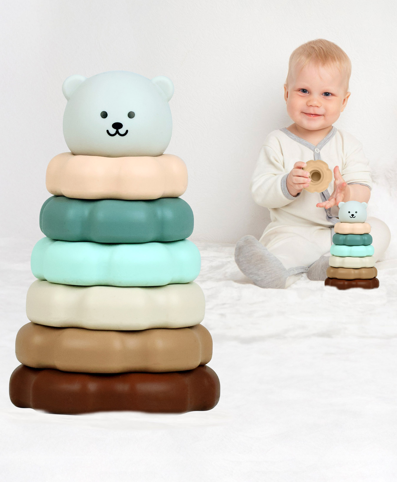 R for Rabbit Orapple Teddy Stacking Rings Toy with Smooth Rounded Edges BPA Free - Grey