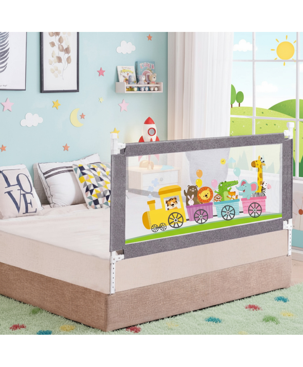 R for Rabbit Safari Baby Bed Rail Breathable Mesh with Storage Pocket Adjustable Height Foldable One Side Bed Protector 6.5 ft - Grey-image-12