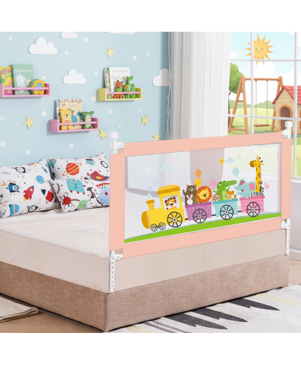 R for Rabbit Safari Baby Bed Rail Breathable Mesh with Storage Pocket Adjustable Height Foldable One Side Bed Protector 6.5 ft - Pink-image-11