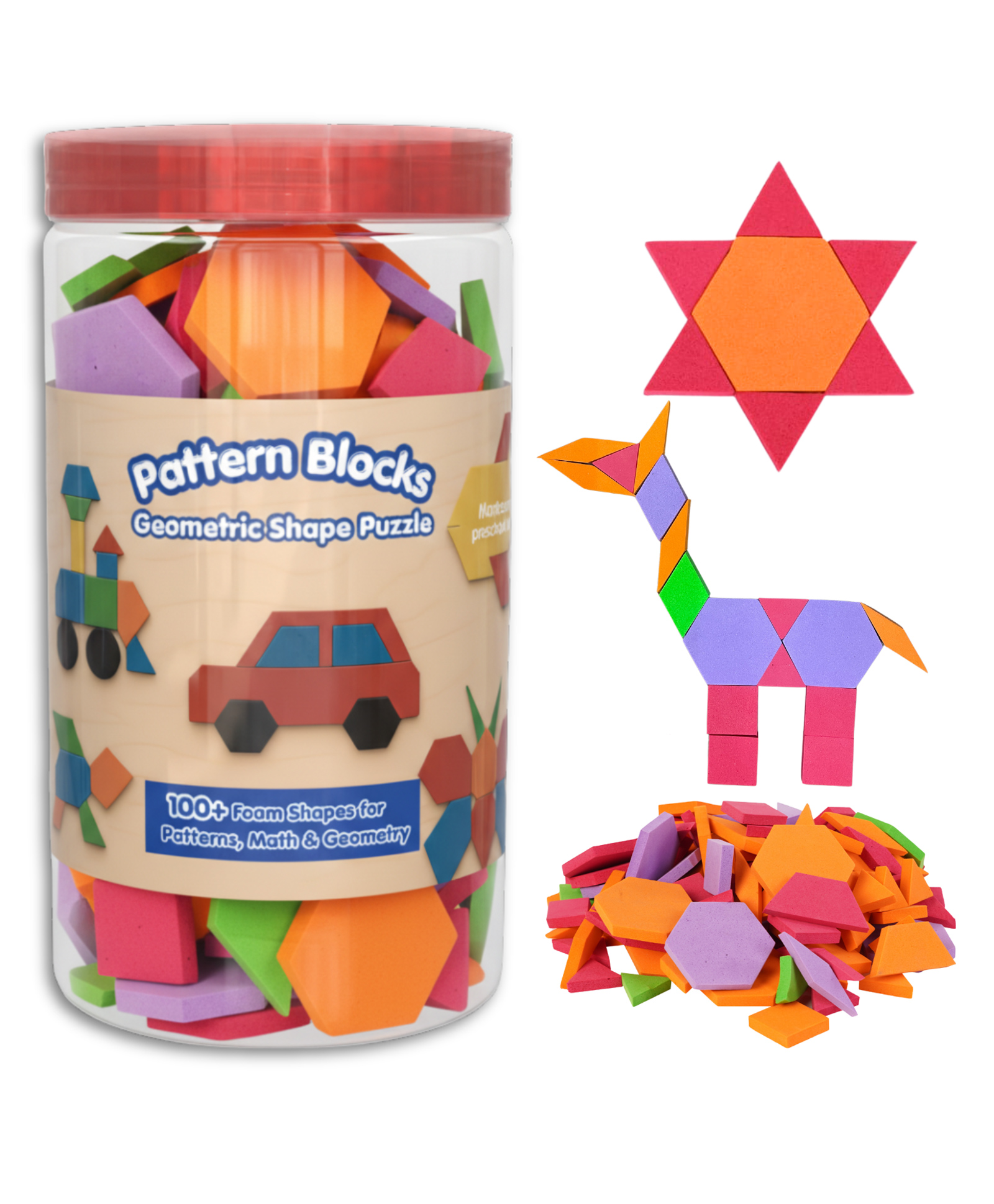 CocoMoco Pattern Blocks Geometric Shapes Puzzles for Toddlers 3 Years Old, Learn Geometry and Art, Educational Toy for 3-5, 6-7 Years, 100+ Pieces (Pattern Block)-image-39