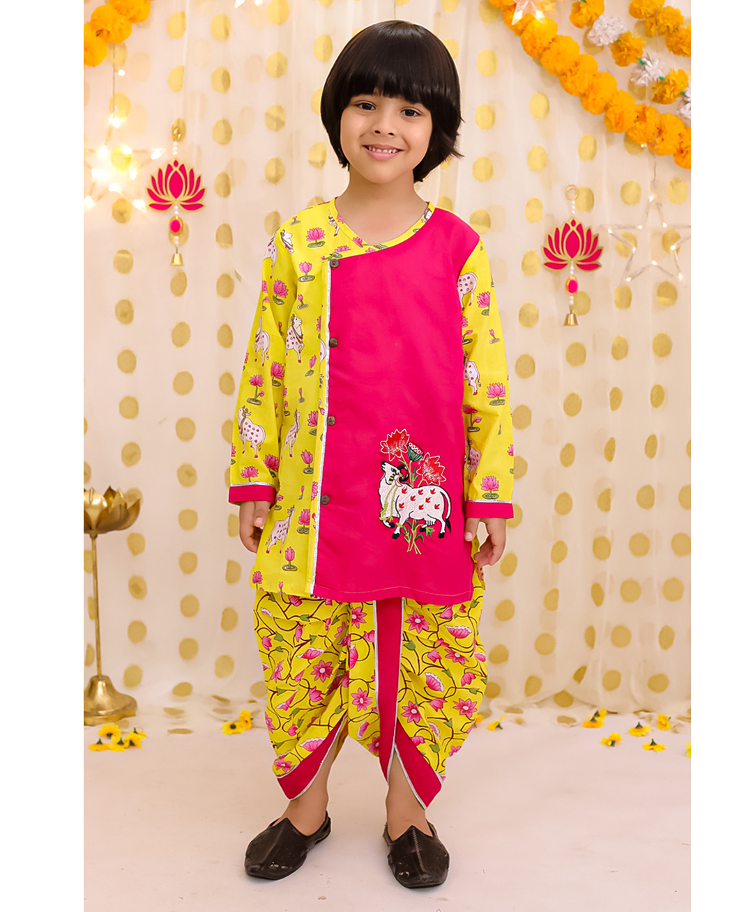 BownBee Pure Cotton Woven Full Sleeves Cow Embroidered Kurta Dhoti Set - Pink-image-14