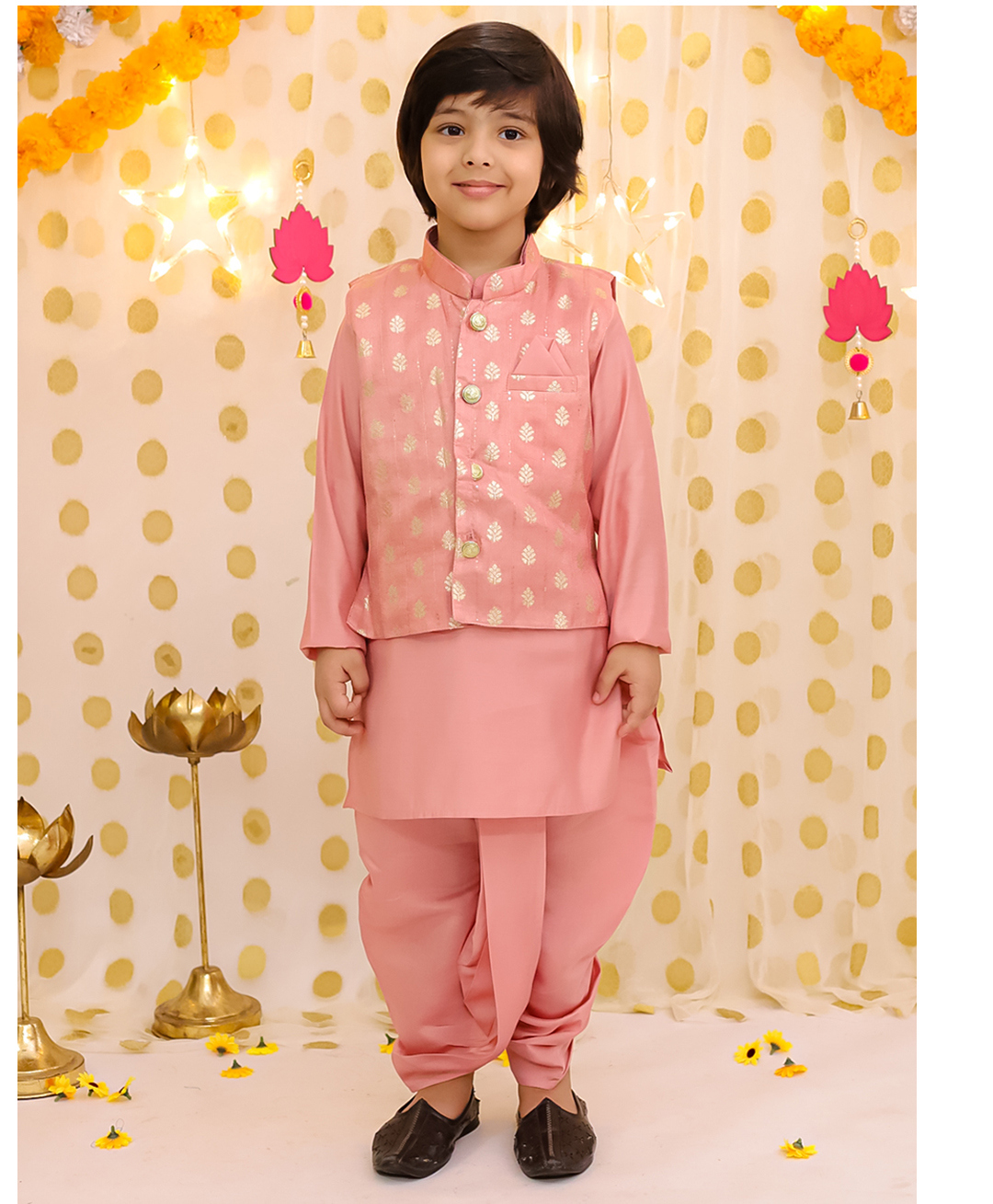 BownBee Silk Woven Full Sleeves Solid Kurta Dhoti With Floral Foil Printed Jacket Set - Peach-picture-20