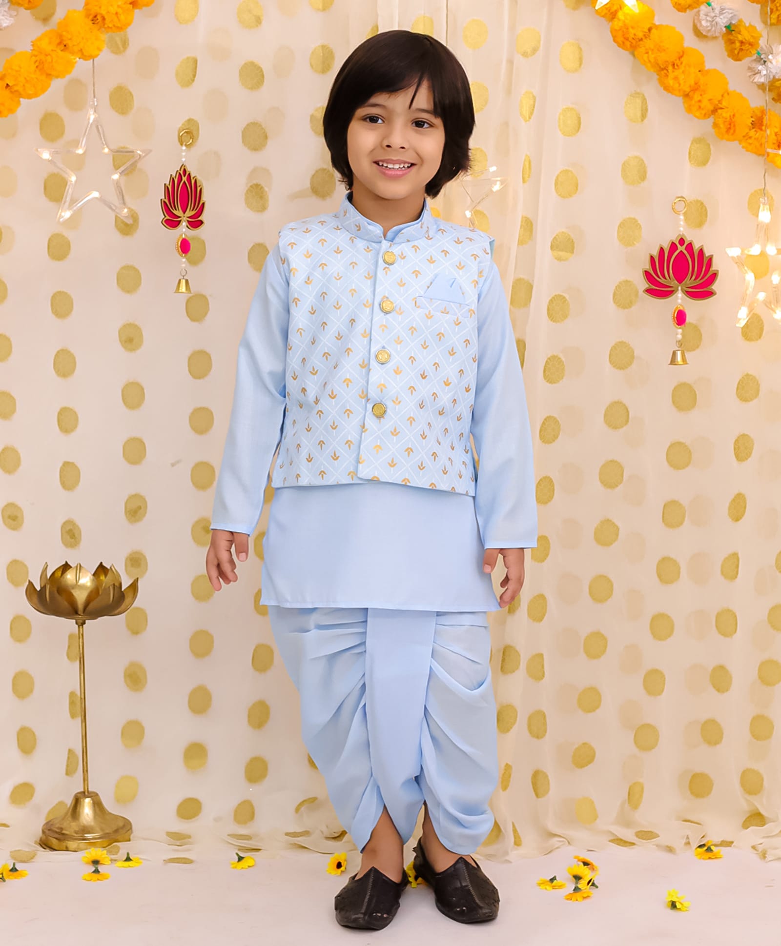 BownBee Silk Woven Full Sleeves Solid Kurta & Dhoti Set With Floral Foil Printed Jacket - Blue-picture-25