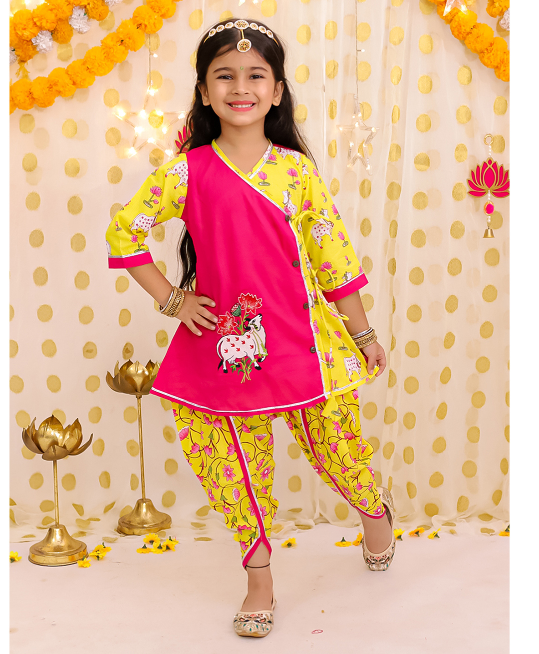 BownBee Cotton Woven Three Fourth Sleeves Cow Printed Kurti Dhoti Set - Pink-picture-12