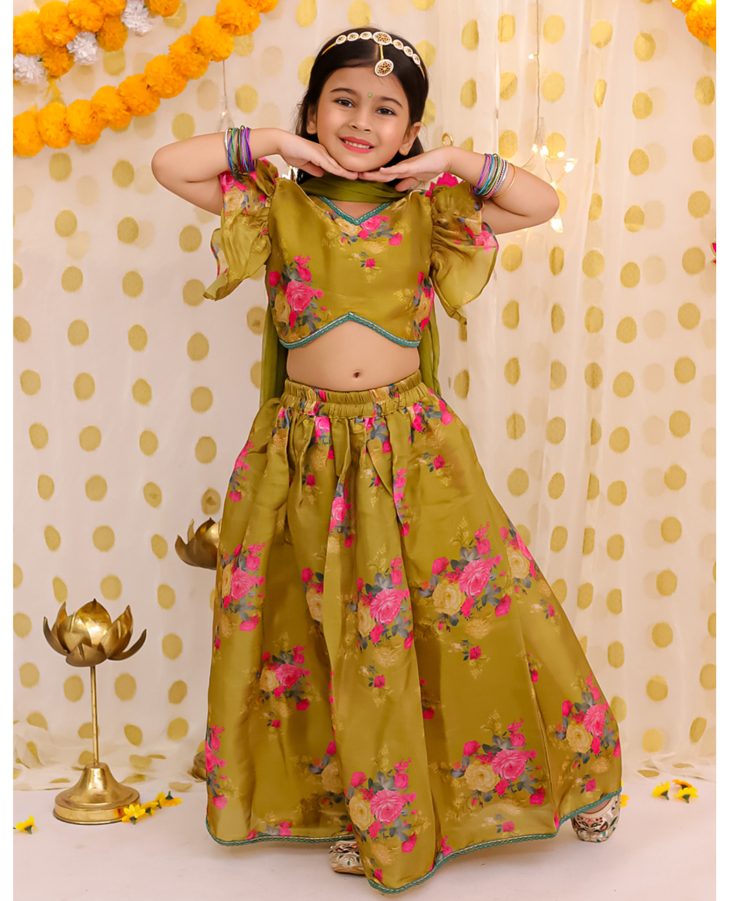 BownBee Organza Woven Frill Sleeves Floral Printed & Lace Embellished Lehenga Choli With Dupatta Set - Mustard-image-37