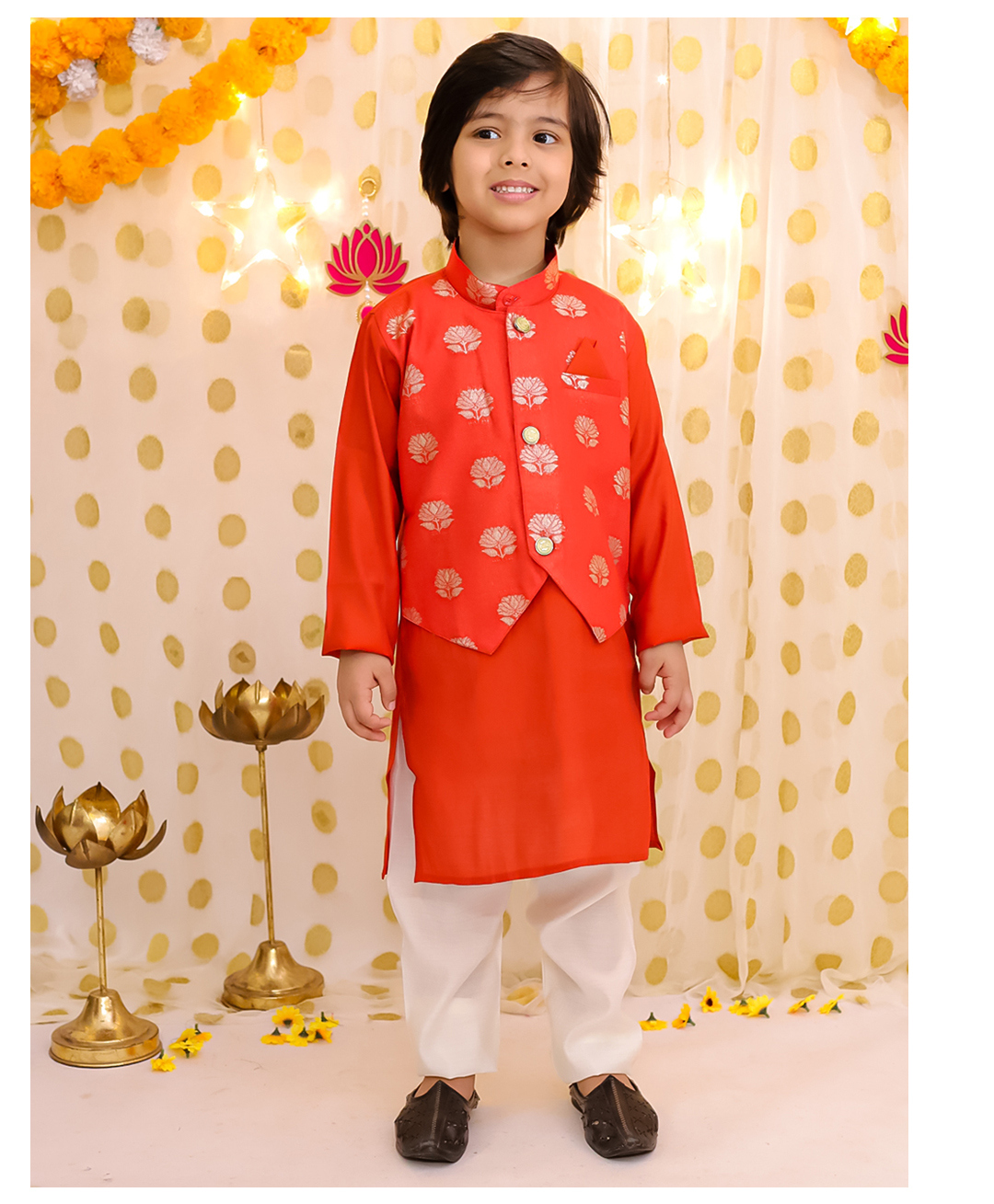 BownBee Poly Blends Woven Full Sleeve Polka Dot Print Jacket With Kurta Pajama Set - Rust Orange-image-42