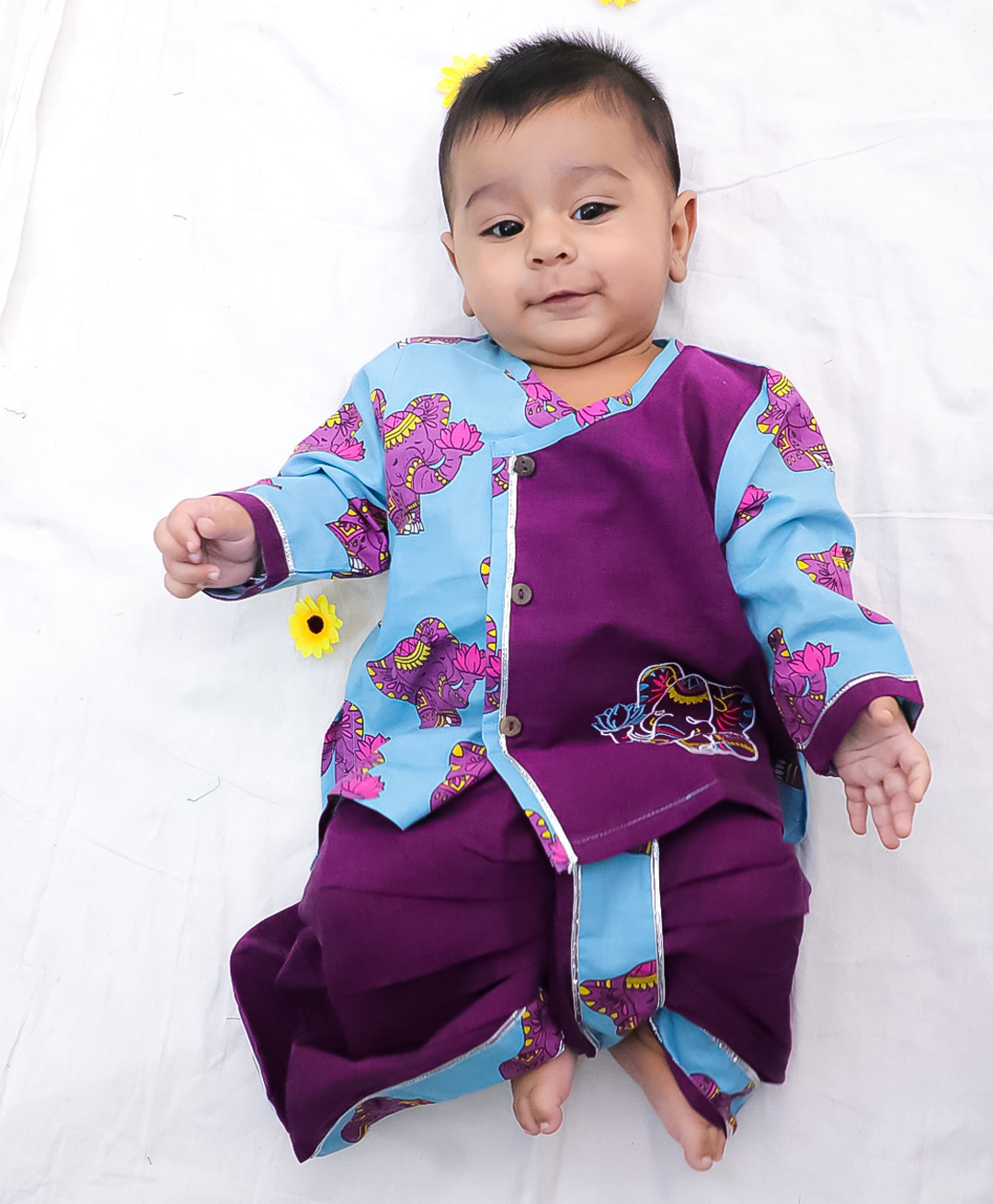 BownBee Pure Cotton Woven Full Sleeves Cute Baby Elephant Printed Dhoti Kurta Set - Purple-picture-39