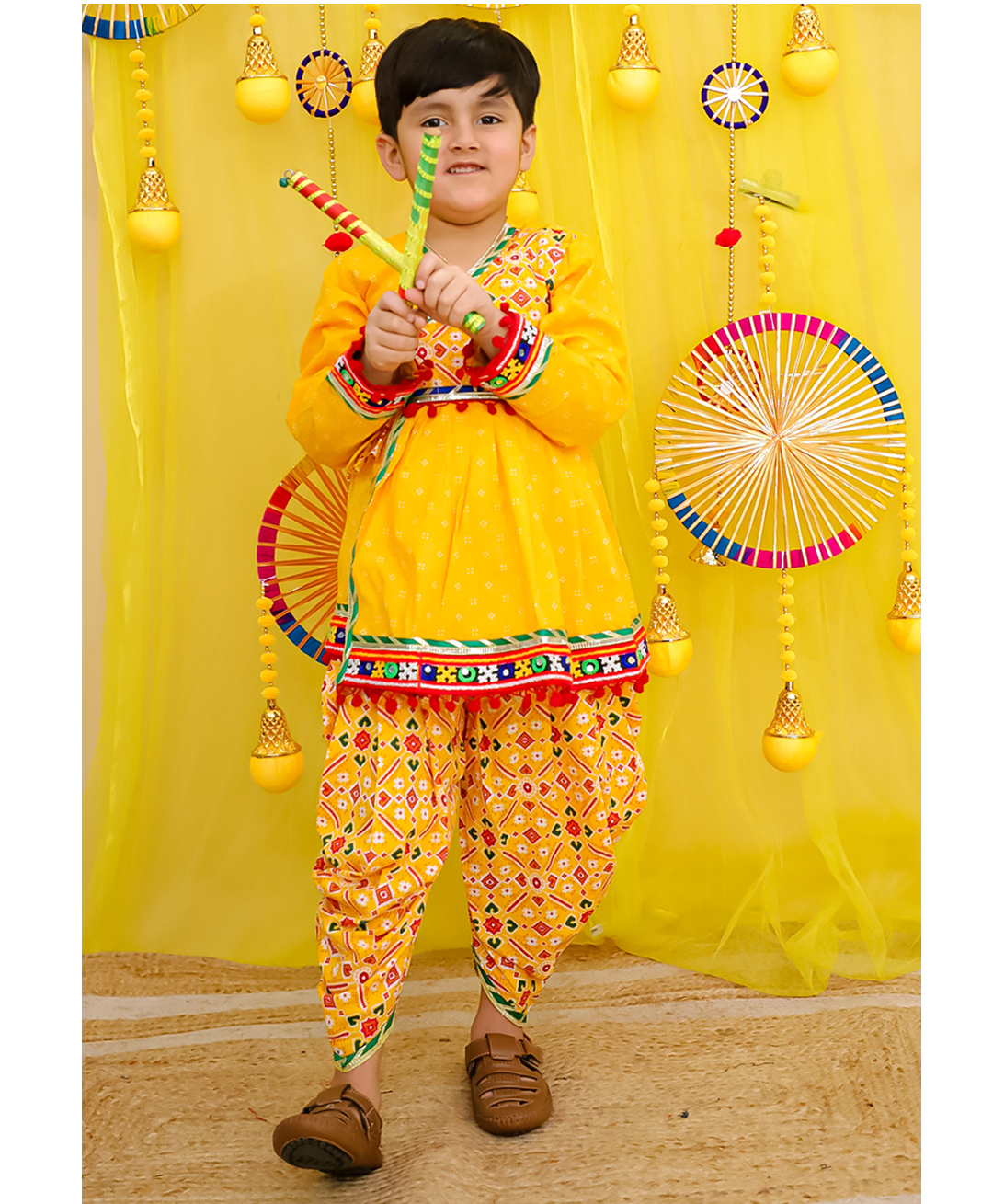 BownBee Pure Cotton Woven Navratri Theme Full Sleeves Patola Printed Angarakha Style Kedia With Dhoti Set - Yellow