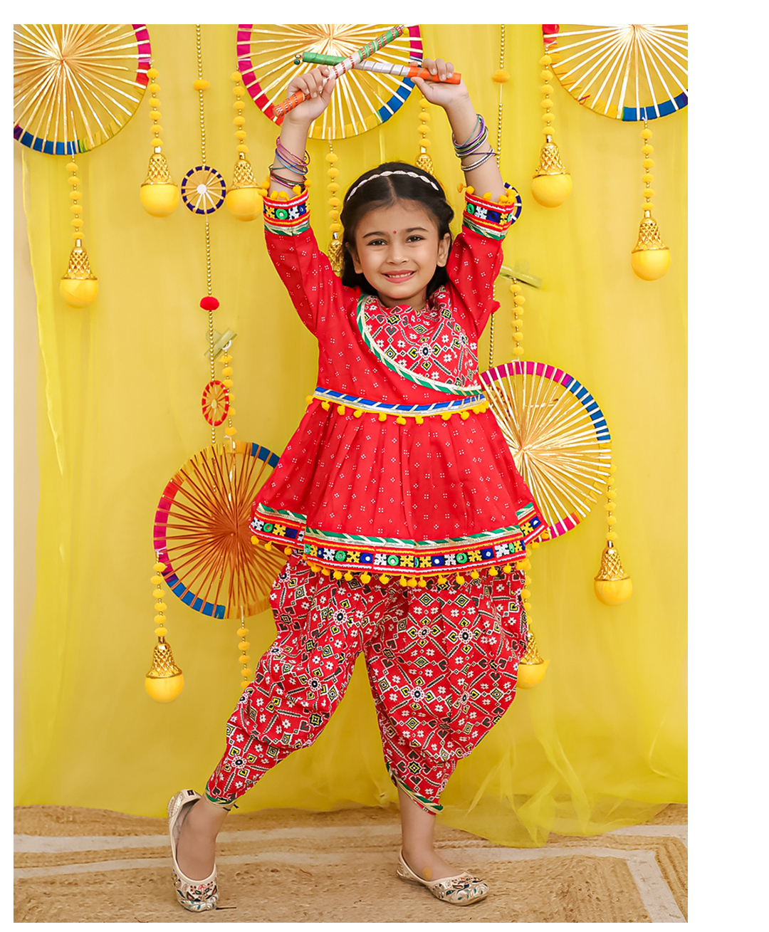 BownBee Pure Cotton Woven Navratri Theme Full Sleeves Embroidered Kedia With Dhoti Set - Pink-picture-35
