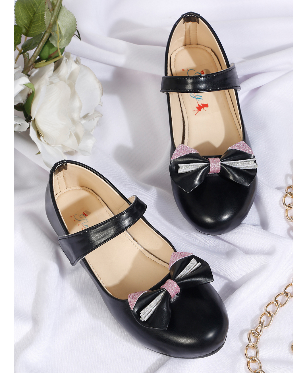Tiny Bugs Glittered Bow Applique Detailed Velcro Closure Mary Jane Ballerinas - Black-image-21