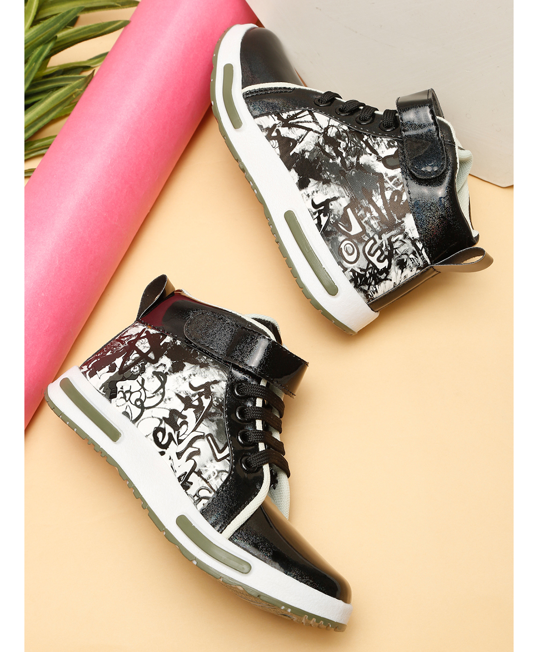 Tiny Bugs Graffiti Style Typography Printed Velcro Closure Boots - Black