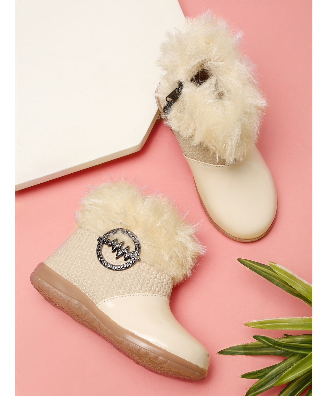 Tiny Bugs Metal Applique Detailed Fur Embellished Zipper Closure Boots - Beige