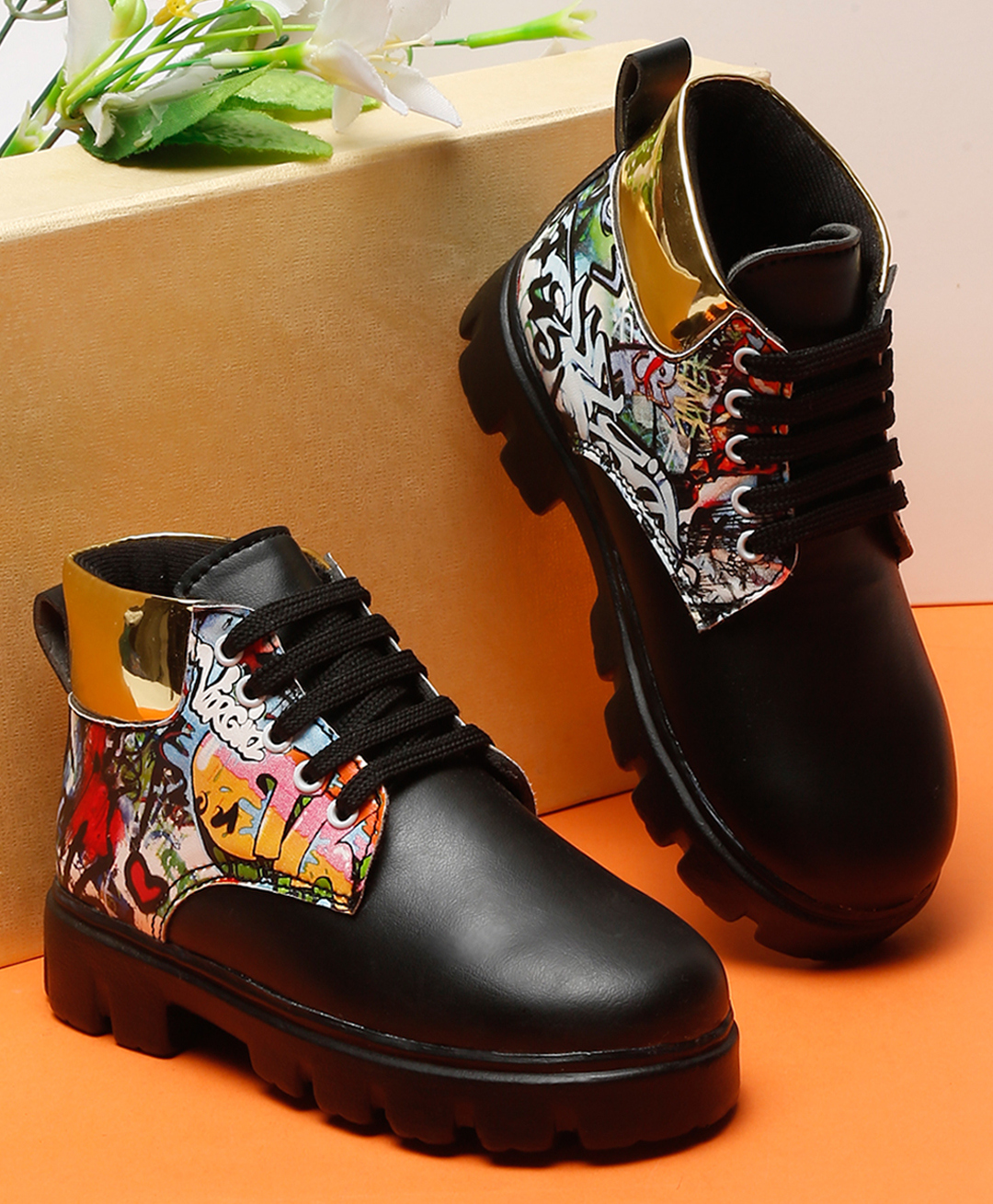Tiny Bugs Graffiti Style Typography Printed Lace Up Boots - Black
