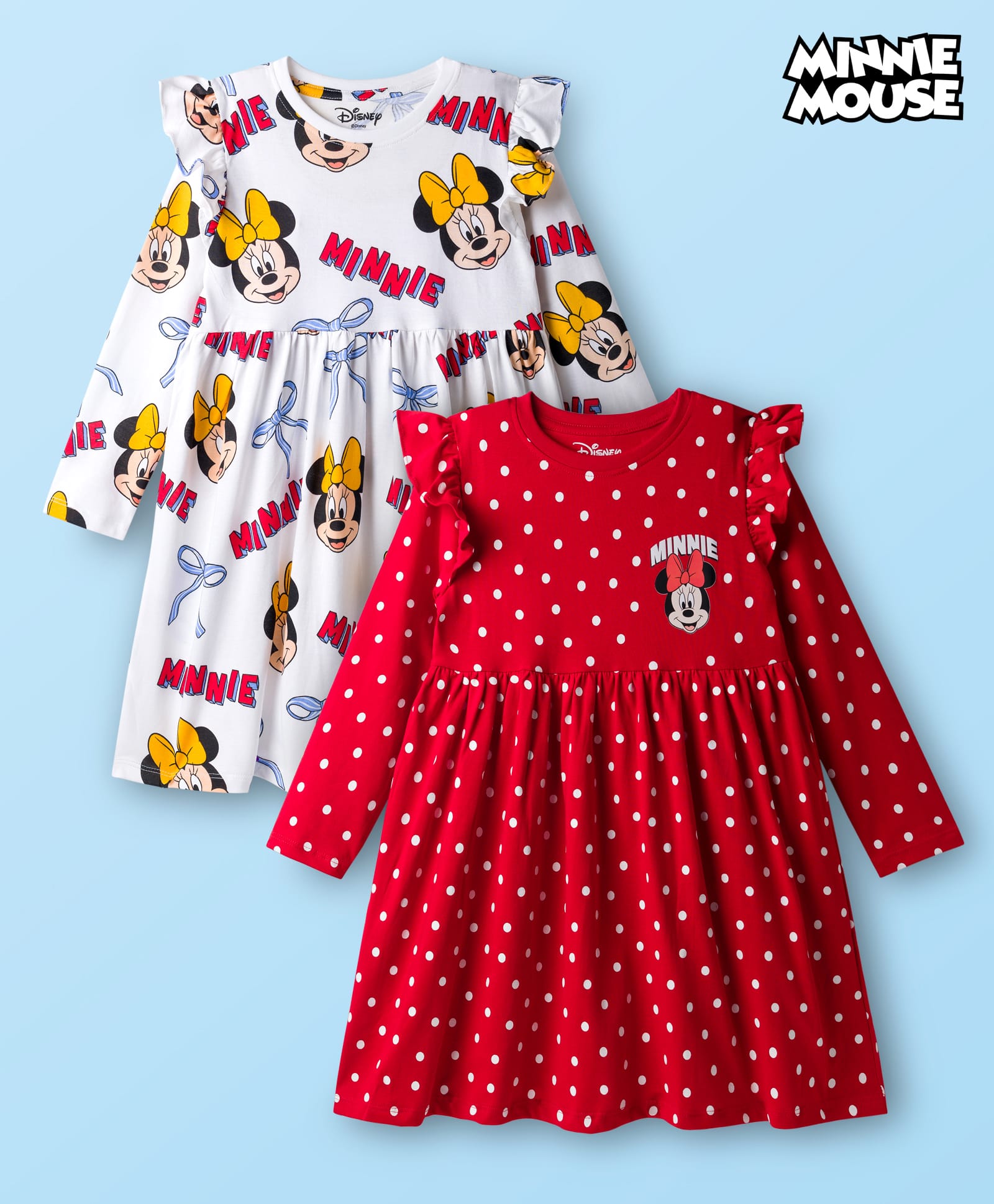 Babyhug Disney Single Jersey Knit Full Frill Sleeves Frock with Minnie Mouse Graphic Pack of 2 - Red & White-picture-32