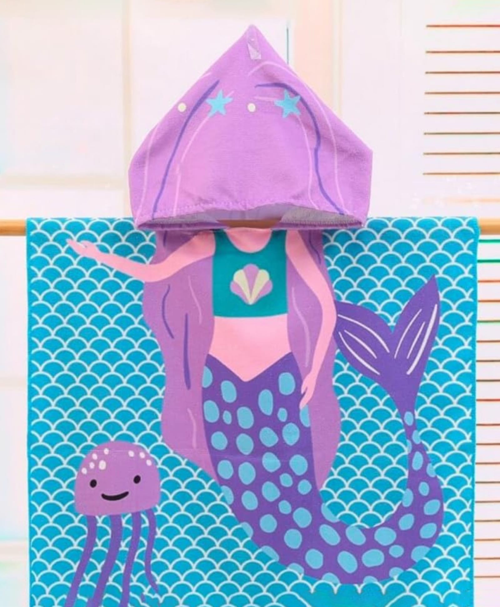 The little lookers Microfibre Knit Mermaid Printed Hooded Poncho Bath Towel - Blue