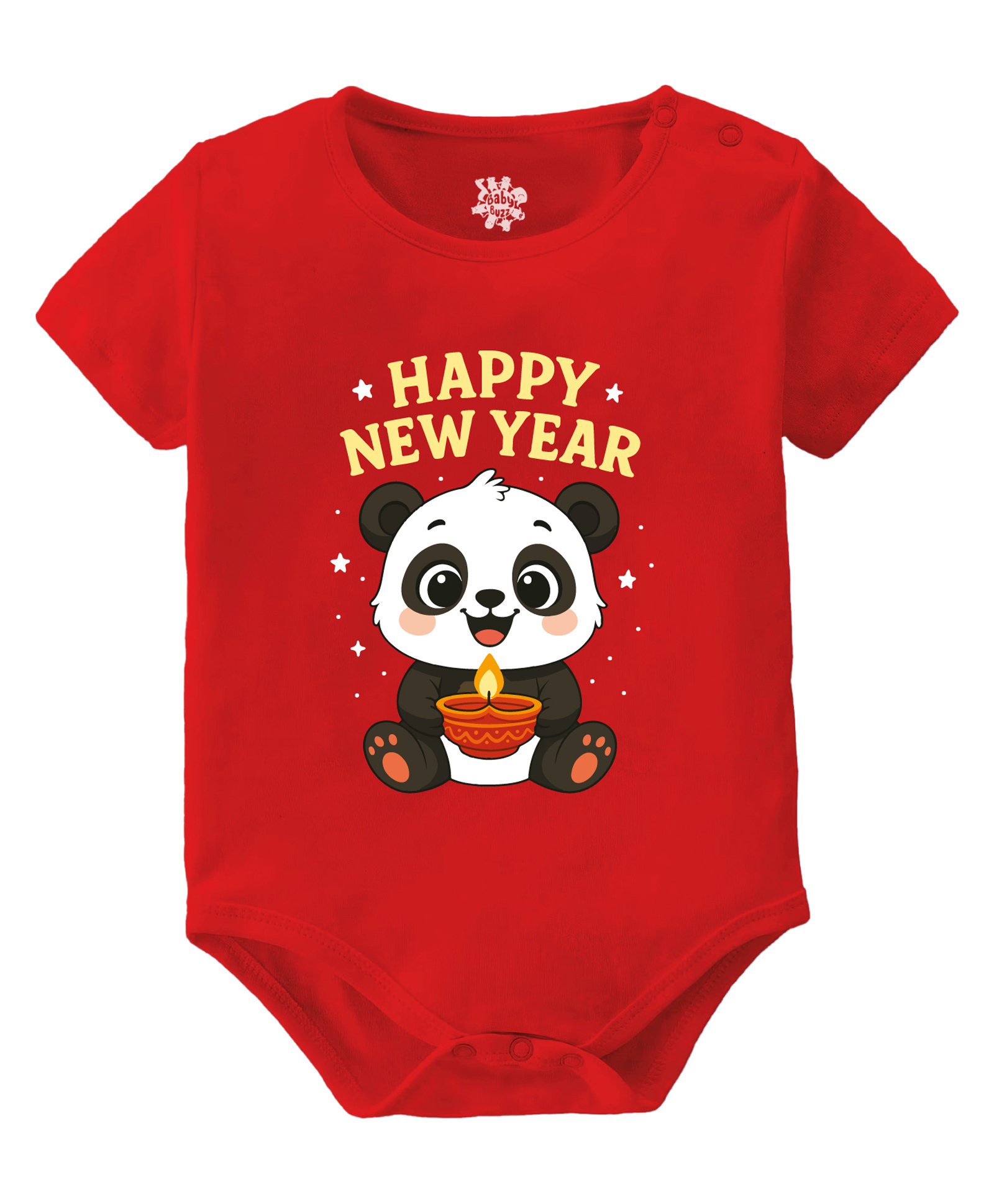 Baby Buzz 100% Cotton Knit New Year Theme Half Sleeves Happy New Year Text Printed Onesie - Red-image-29